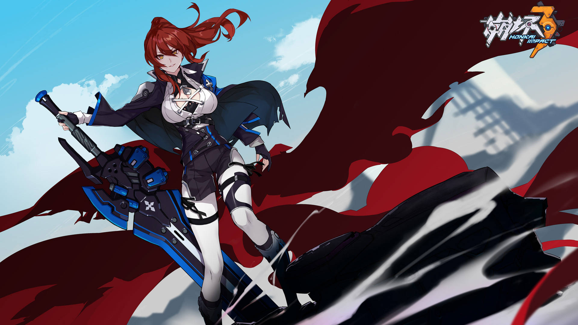 紅髮動漫女戰士手持大劍，動作中。