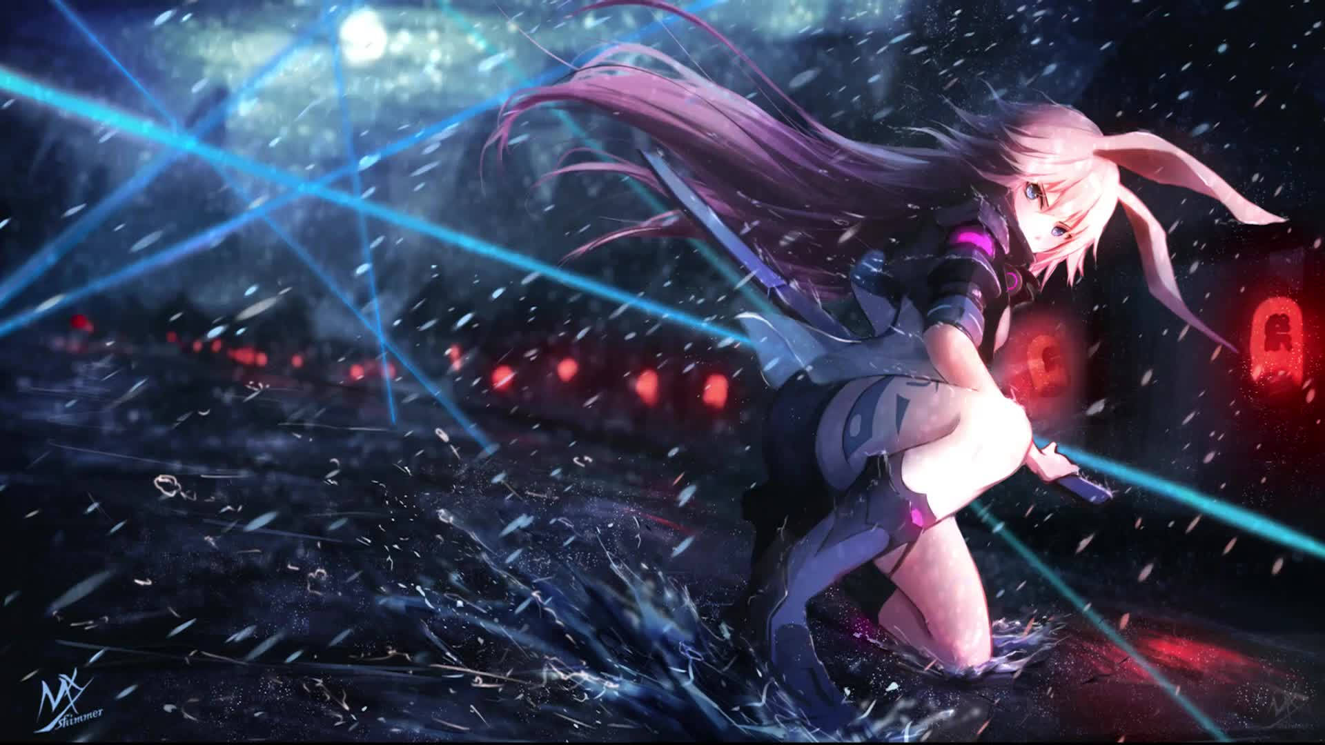 粉紅色頭髮的動漫女孩在夜晚的藍色激光束下蹲在雨中。