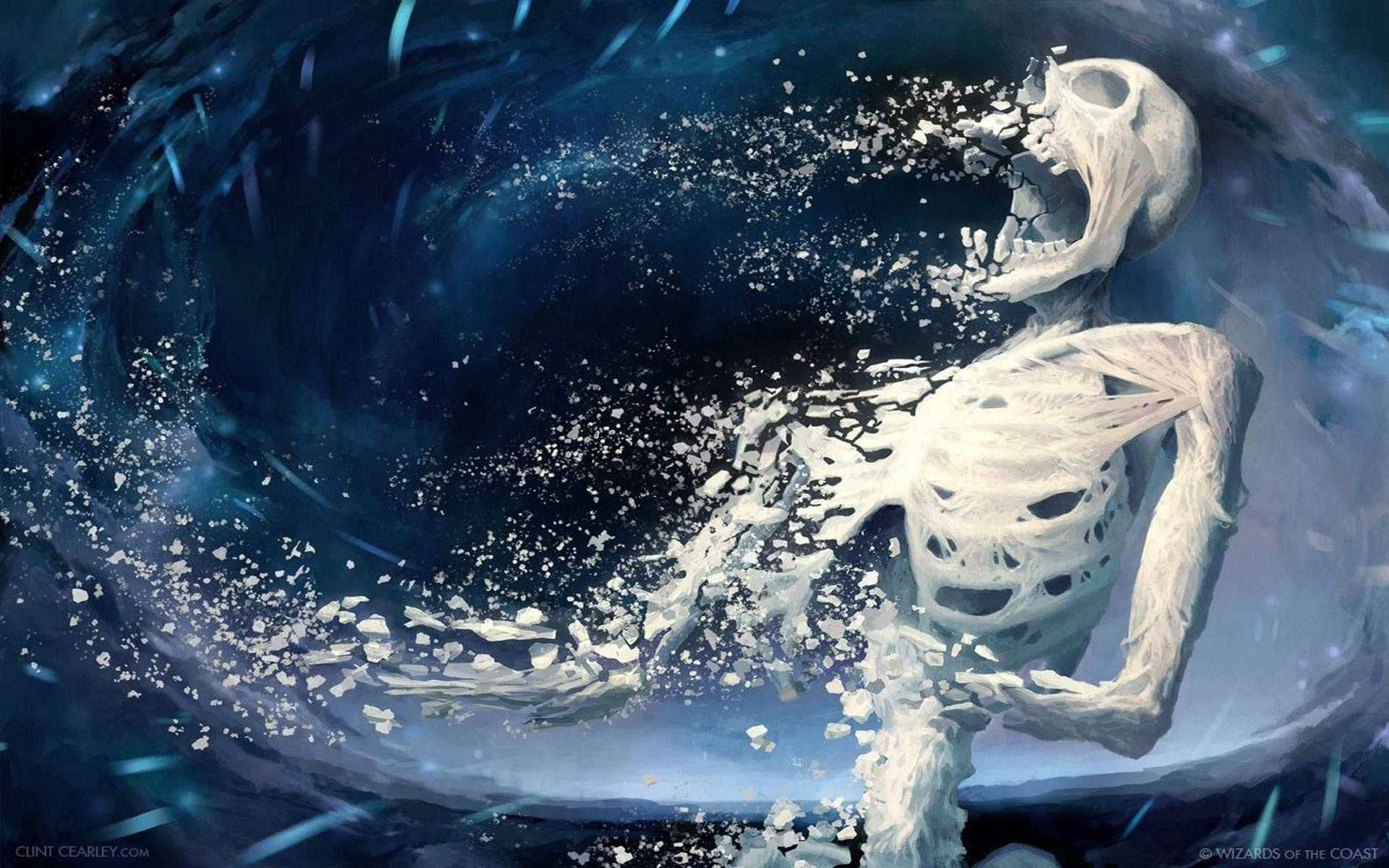 崩解骷髏桌面壁紙 壁紙 — 一個骷髏形狀在深藍色和白色粒子旋轉的宇宙漩渦中溶解成碎片。