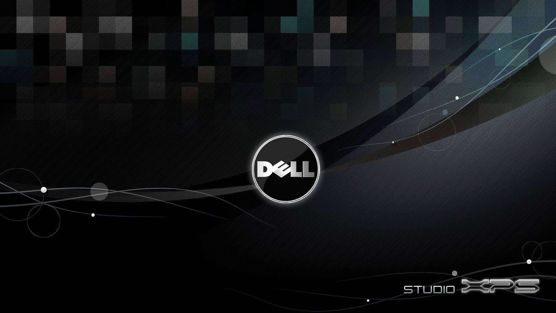 工作室XPS戴爾HD標誌 壁紙 — 一個時尚的Dell Studio XPS標誌在黑暗抽象背景上發光，背景有流動線條和像素化方塊。