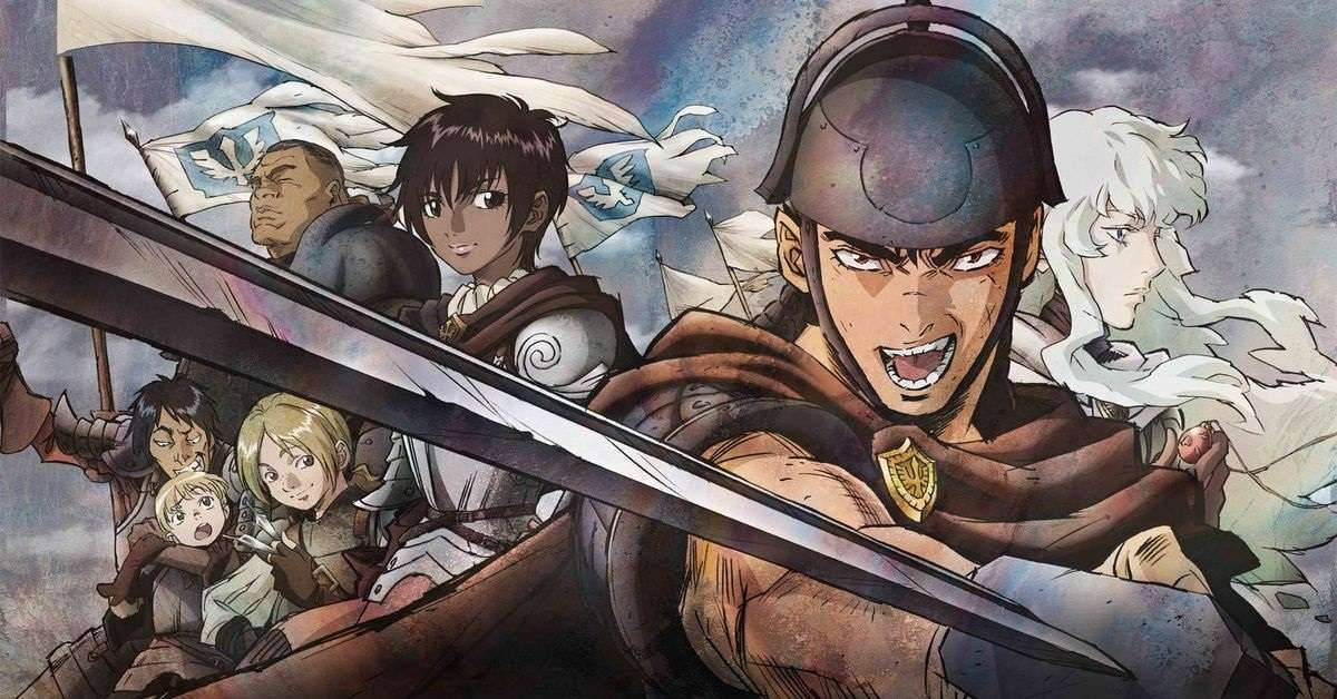工作室中的傳奇 Satoshi Kon 壁紙 — 一個動態的動漫戰鬥場景，身穿盔甲的戰士在暴風雨的天空背景下揮舞著劍。