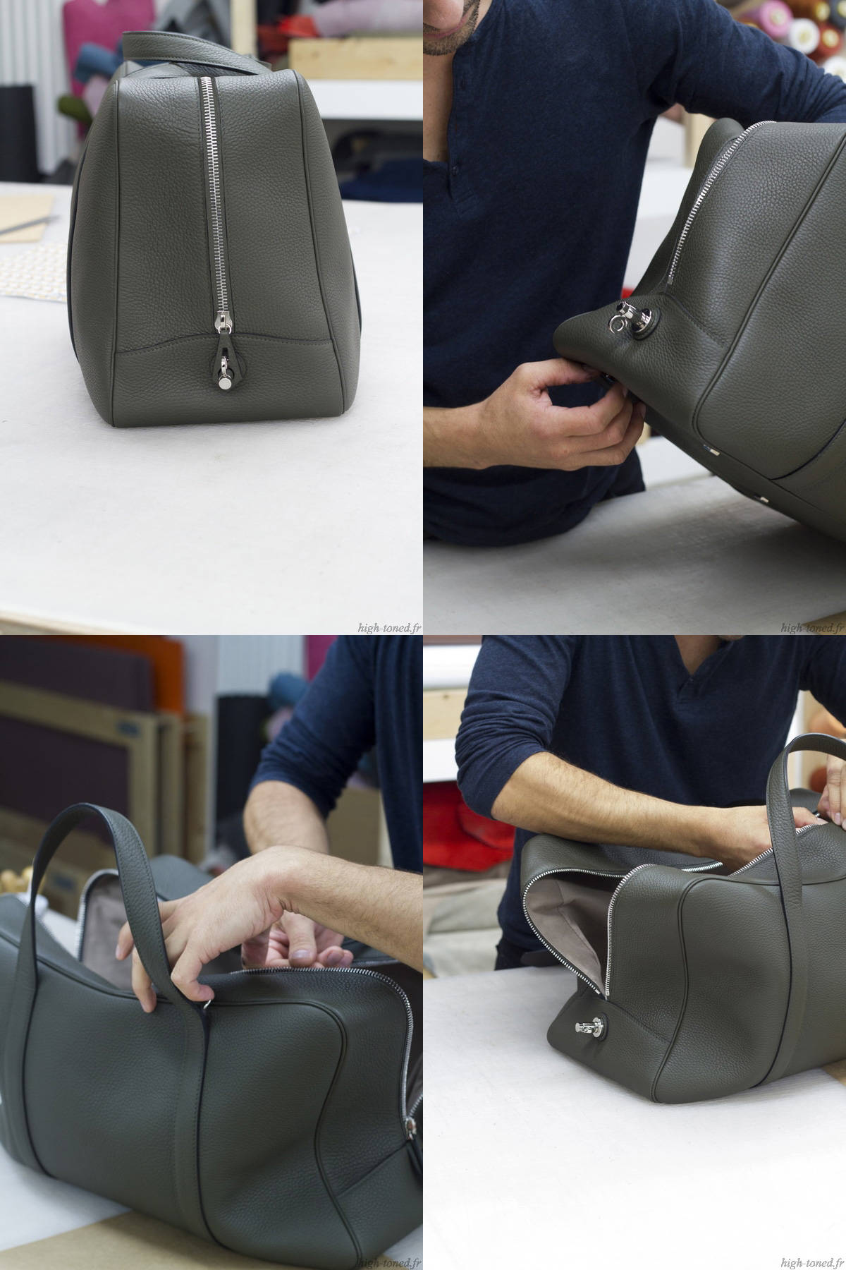Moynat Limousine Voyage 壁紙 — 工匠在工作室環境中精心組裝一款帶有銀色金屬配件的時尚橄欖綠色皮革手提包。