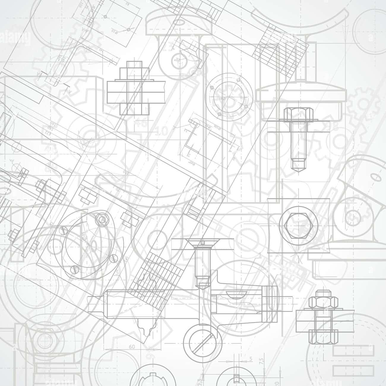 帶有齒輪、螺栓和軸的技術工程藍圖，以線條藝術呈現。