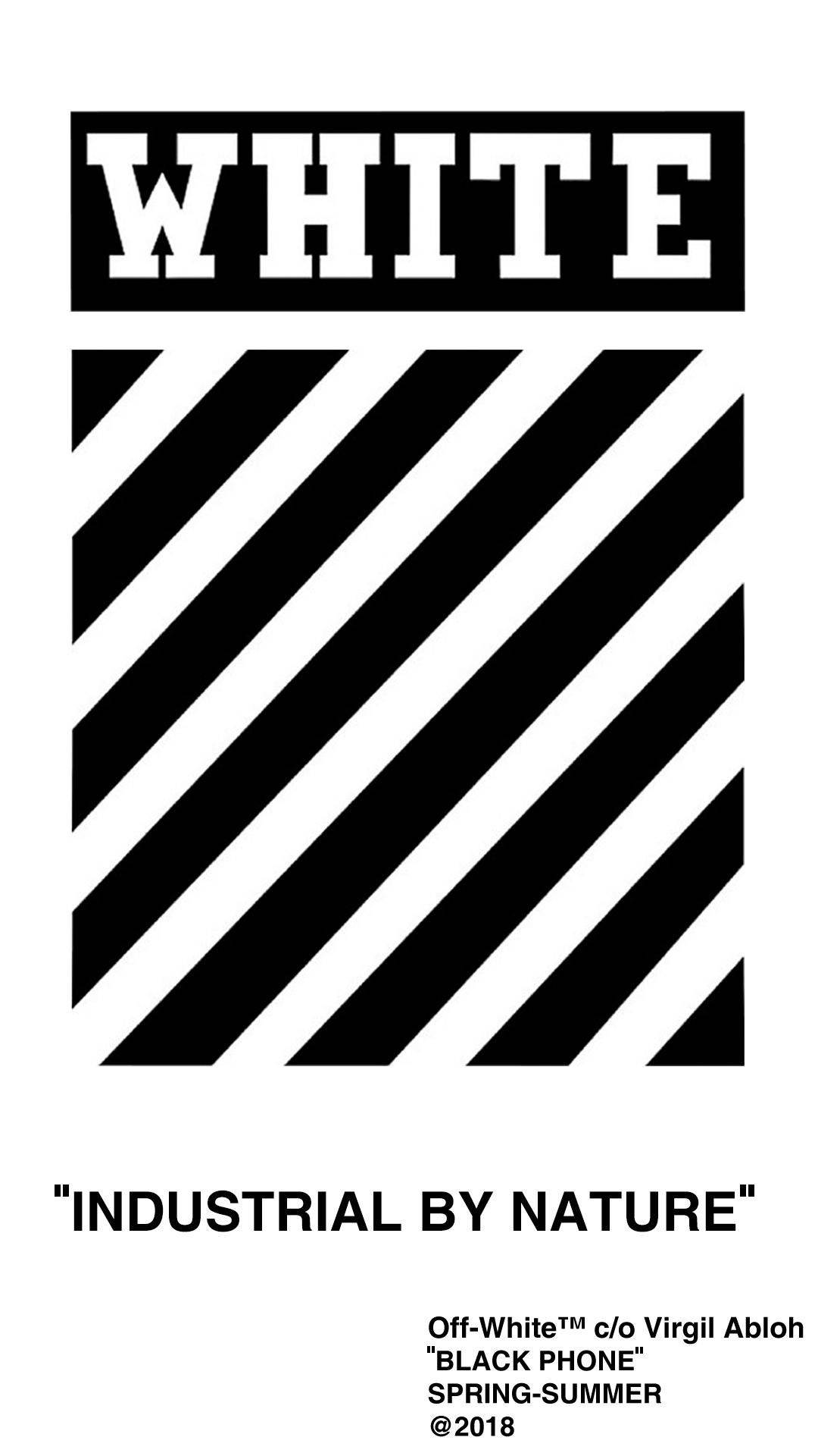 工業本質 Off White 標誌 壁紙 — 大膽的黑色斜紋與白色背景形成鮮明對比，下方有 'WHITE' 文字和 'INDUSTRIAL BY NATURE' 標語。