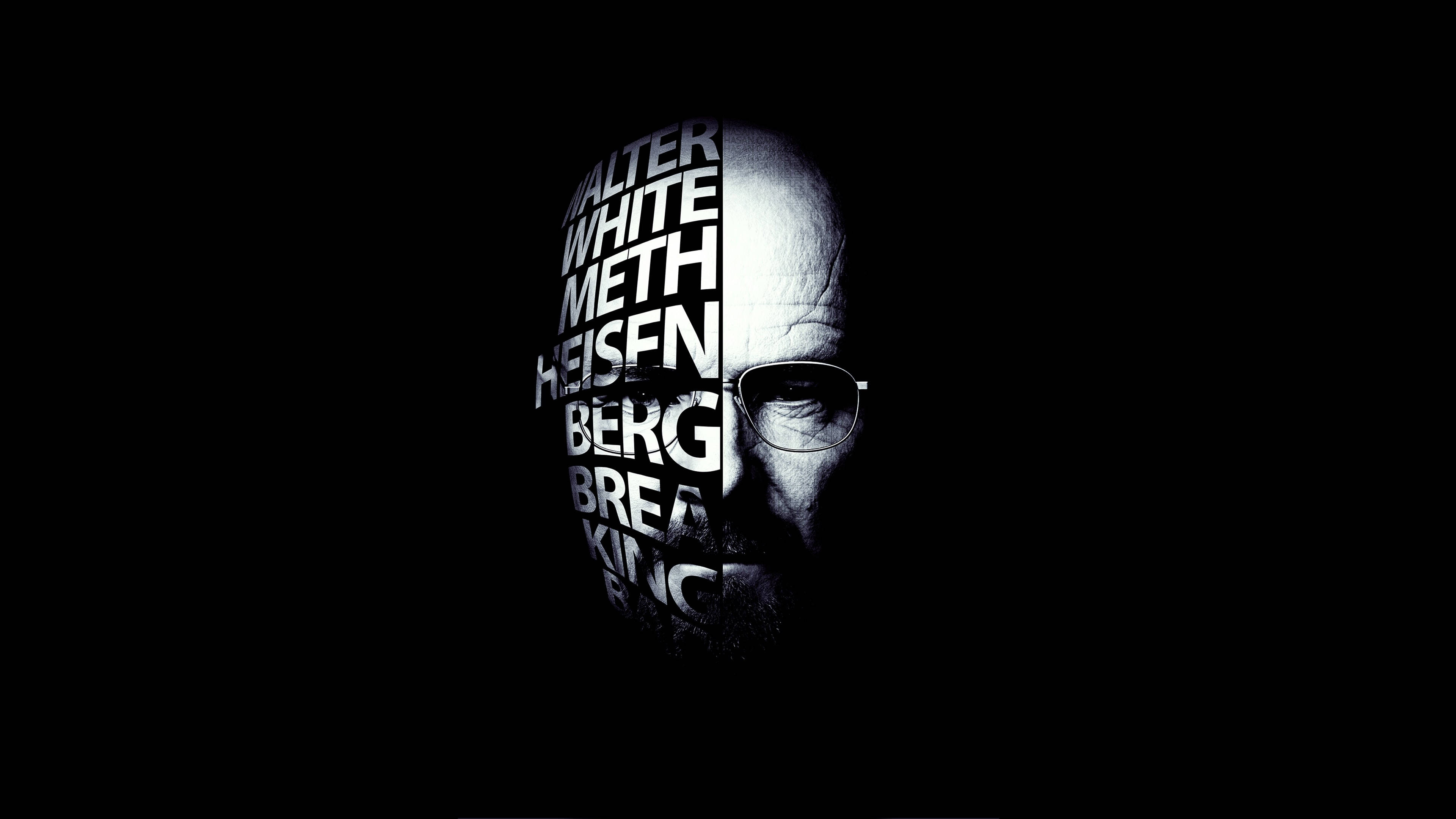 工業毀滅：對破壞性影響的嚴肅提醒 壁紙 — Walter White 的分面肖像，文字形成他的左半邊，背景為黑色。