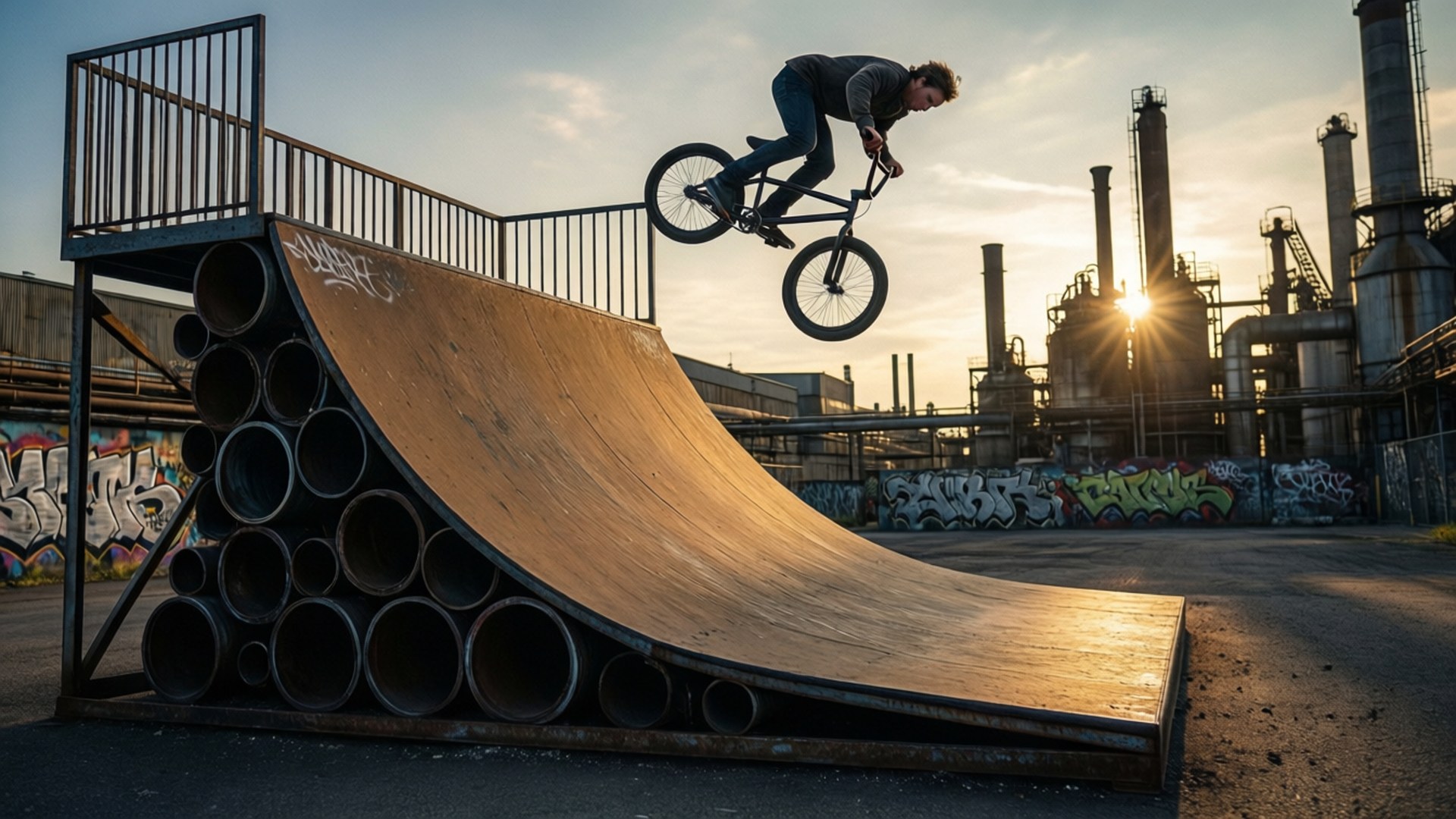 BMX車手在日落時於工業區的斜坡上騰空。