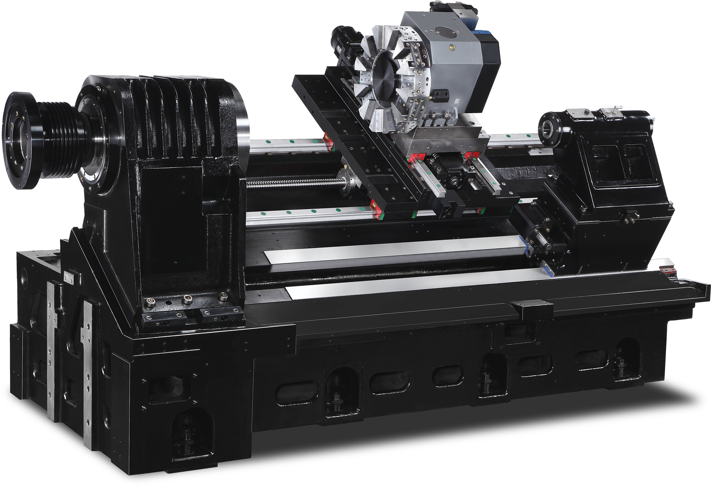 工業金屬車床機器 壁紙 — 一部時尚的黑色工業車床，帶有金屬裝飾，孤立在純黑色背景上。