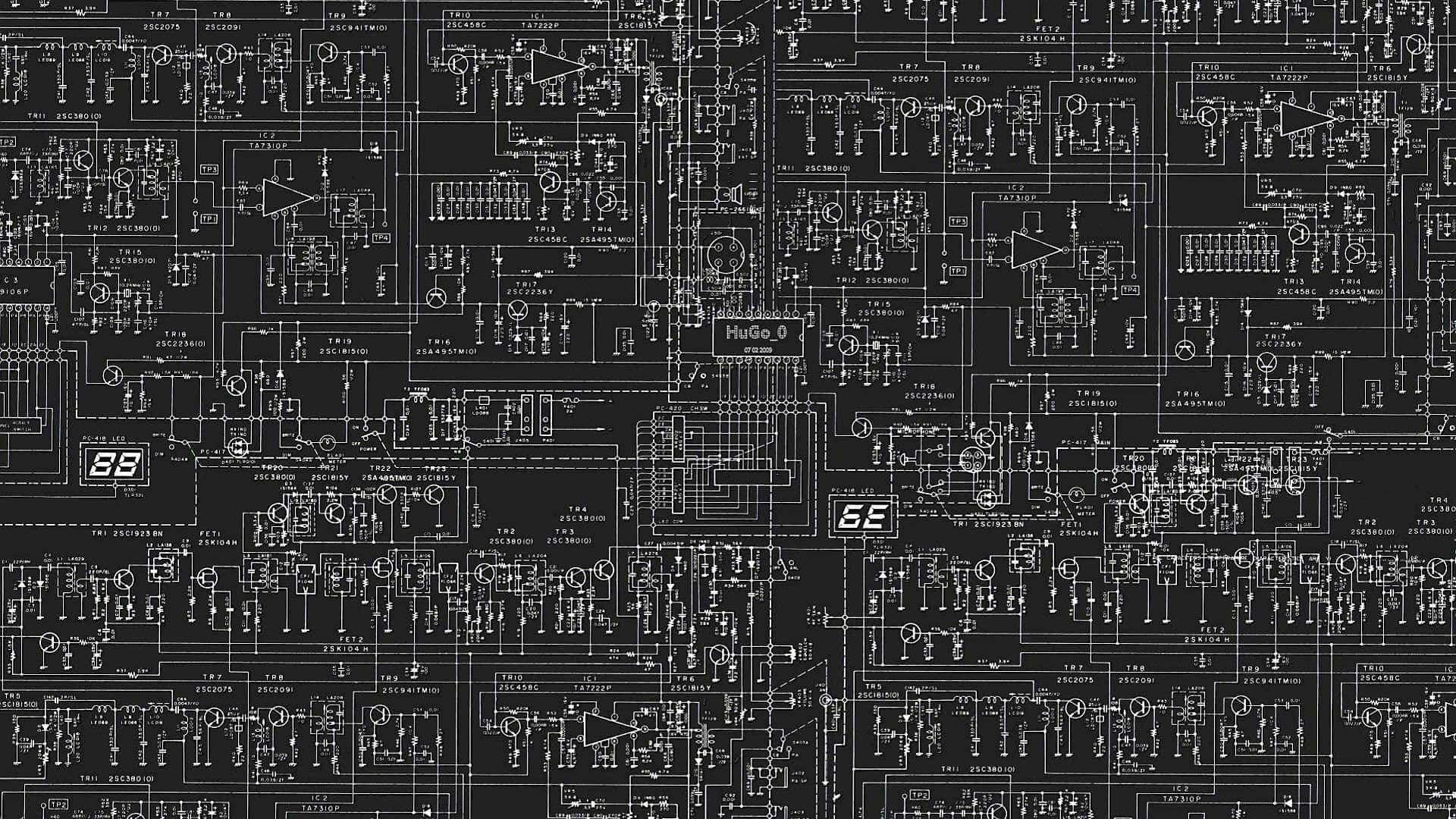 帶有電路圖和元件符號的黑白技術原理圖圖案。