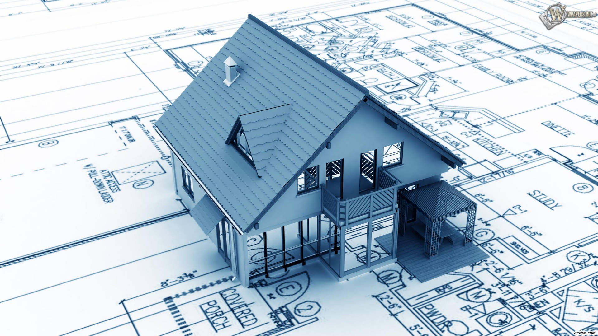 3D房屋模型在帶有標籤房間的建築藍圖上。