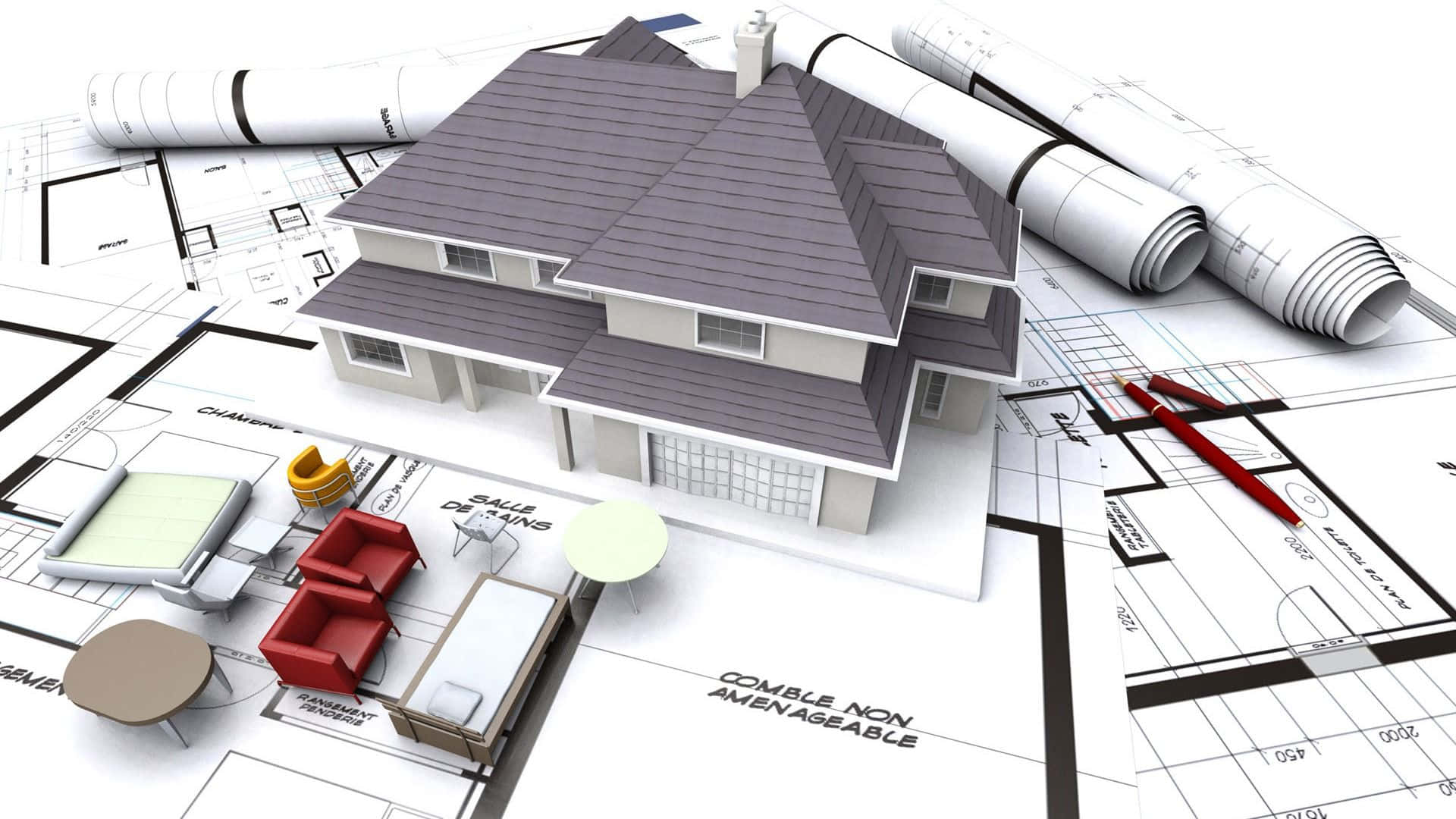 建築藍圖上的3D住宅模型及家具佈局。