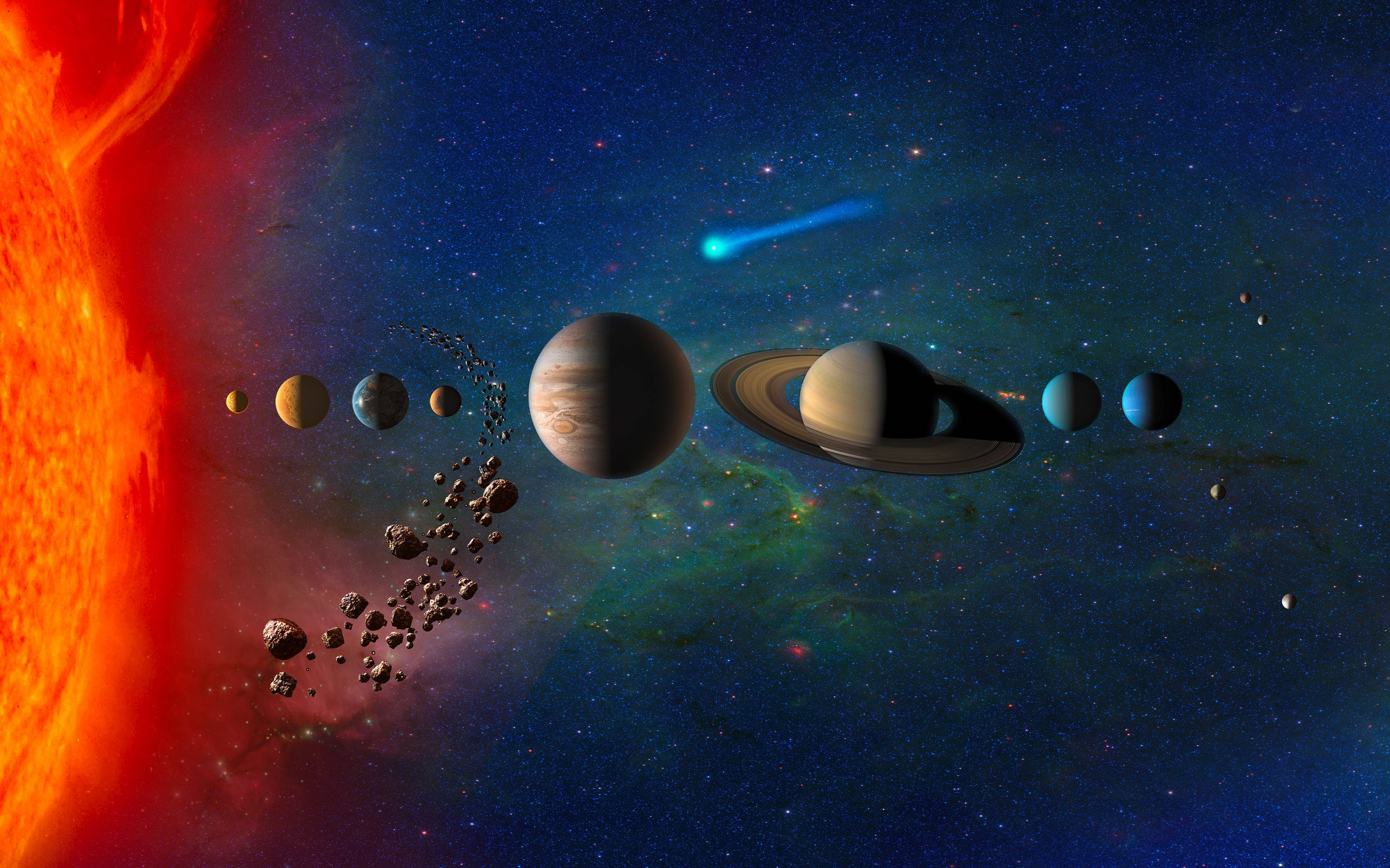 Solar System 桌布 壁紙 — 左側有熾熱太陽，土星（帶光環）和木星等行星在繁星宇宙背景中的生動太陽系景觀。
