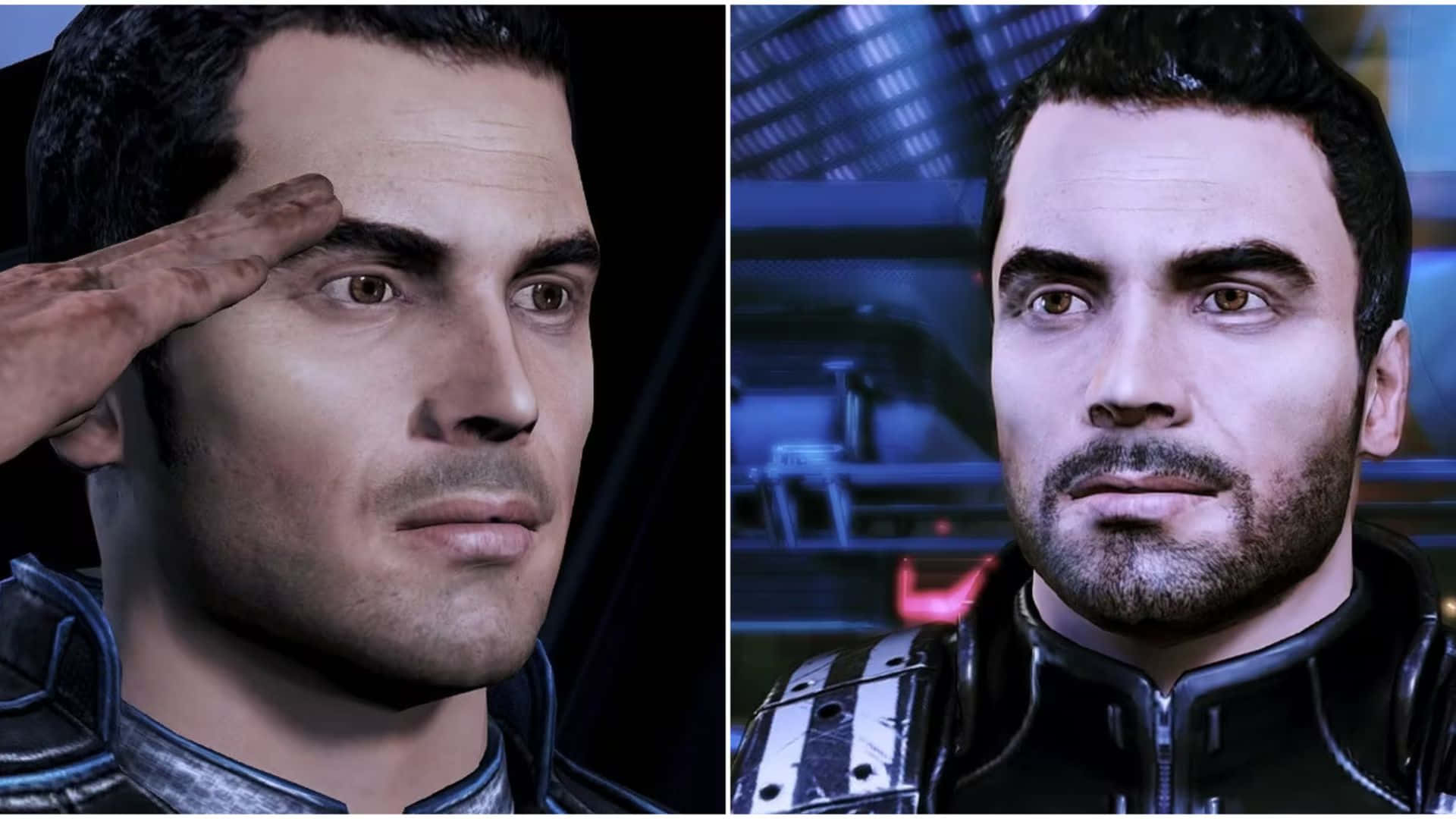 Kaidan Alenko 桌布 壁紙 — 左邊係一個嚴肅嘅男人喺敬禮，右邊係一個未來風格嘅駕駛艙入面向前望嘅分割畫面肖像。