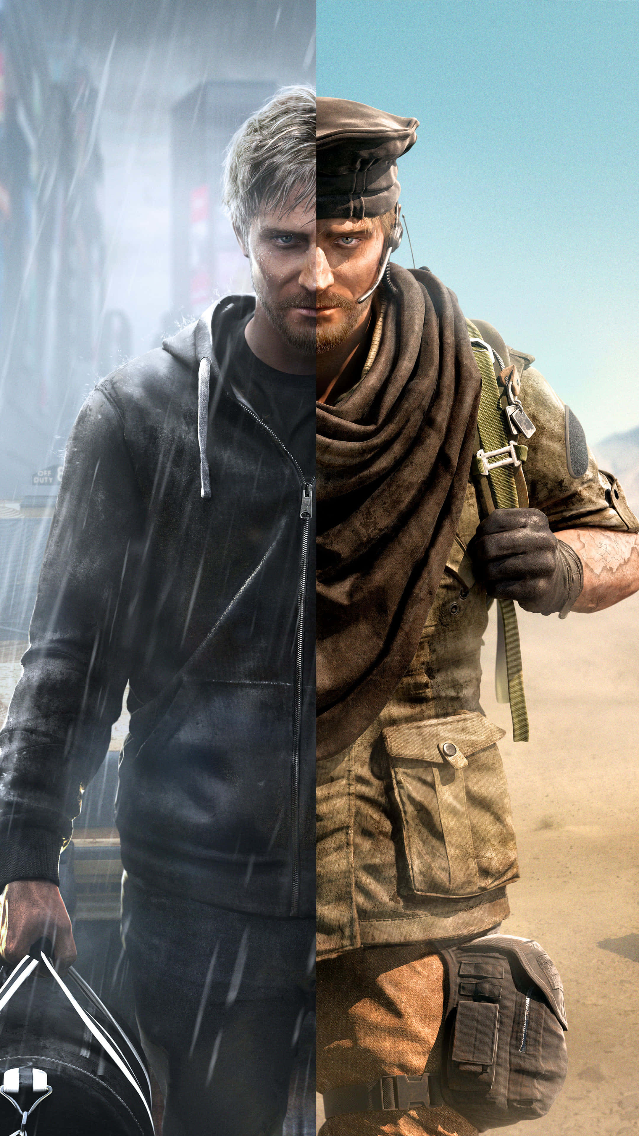 Rainbow Six Siege Maverick 桌布 壁紙 — 左邊係一個戴帽衫嘅男人喺雨中，右邊係一個著沙漠裝備嘅士兵，分屏肖像。