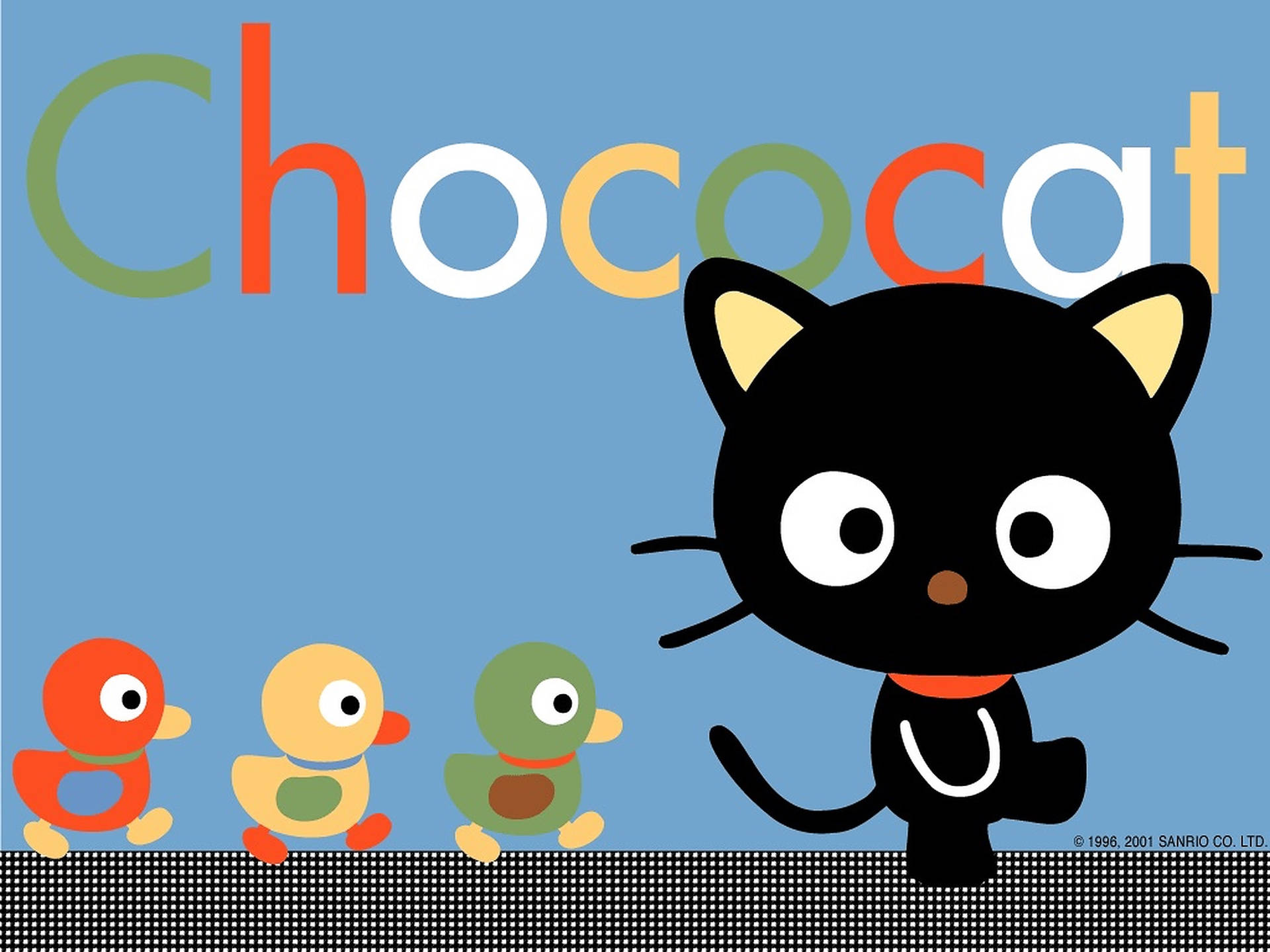 黑色貓咪和三隻小鴨在格子地板上，帶有 'Chococat' 文字。