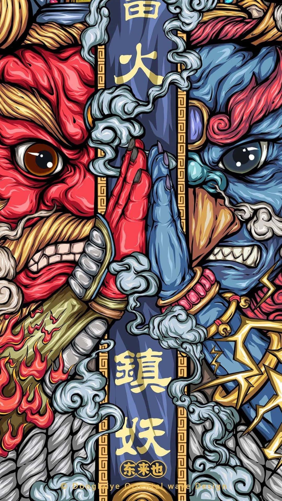 兩個風格化的紅色和藍色惡魔面孔，手持武器和雲朵對峙。