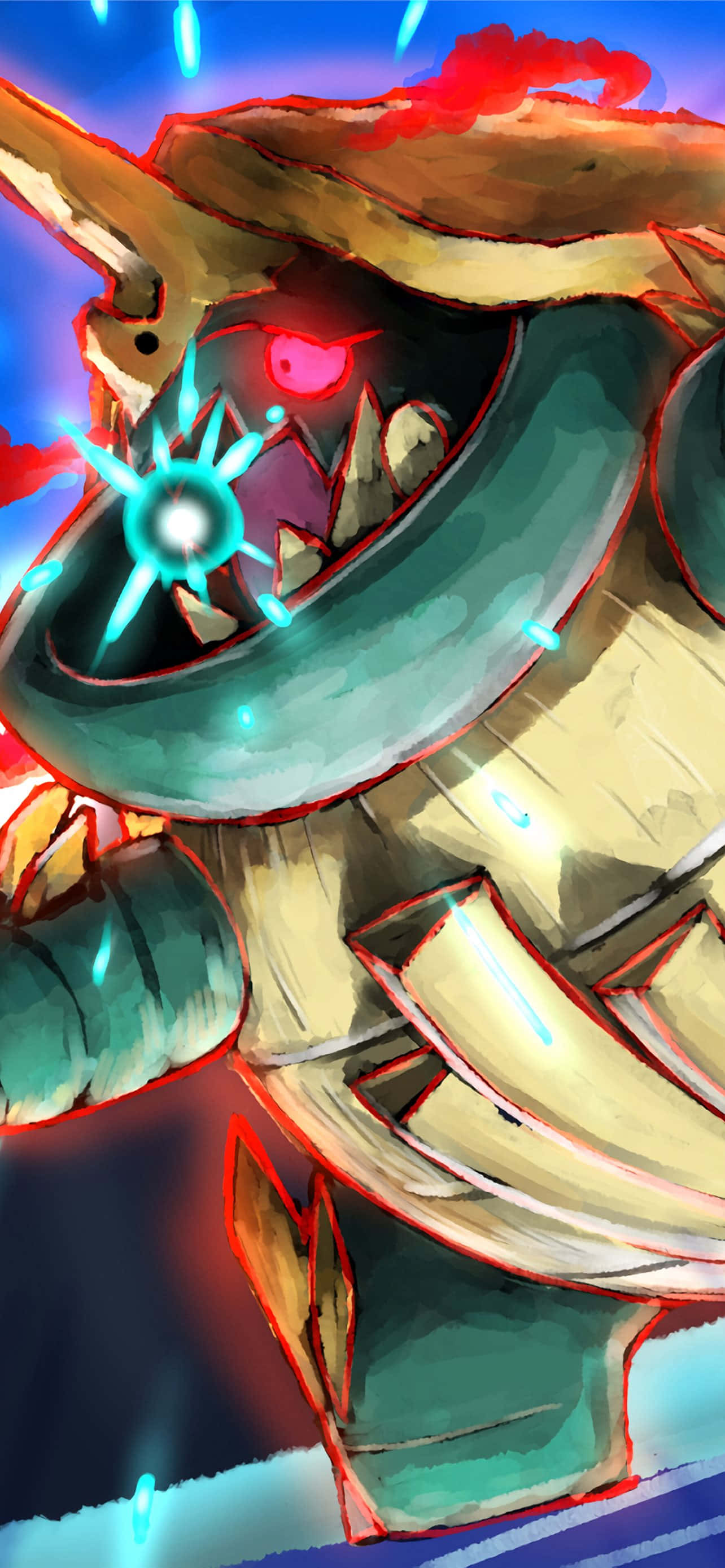 巨化版 drednaw 的原始外觀 壁紙 — 一隻兇猛的動漫龍，眼睛發出紅光，口中噴出藍色能量爆炸，背景是充滿活力的宇宙。