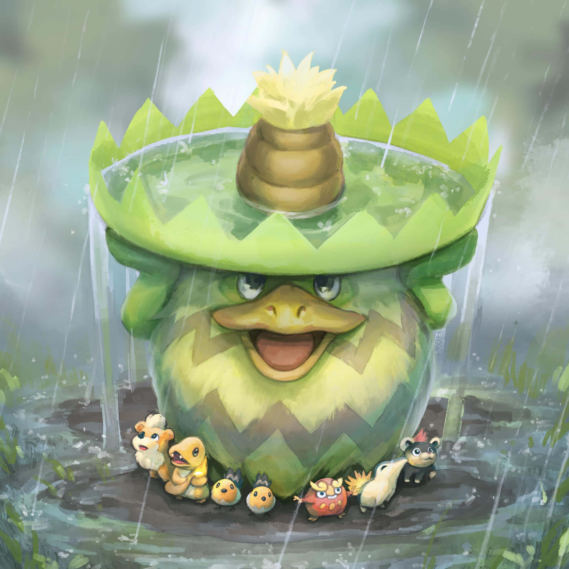 巨型 Ludicolo 為其他寶可夢擋雨 壁紙 — 一隻戴著葉帽、快樂的卡通青蛙被雨淋濕，站在水坑裡，腳邊圍繞著小寵物小精靈朋友。