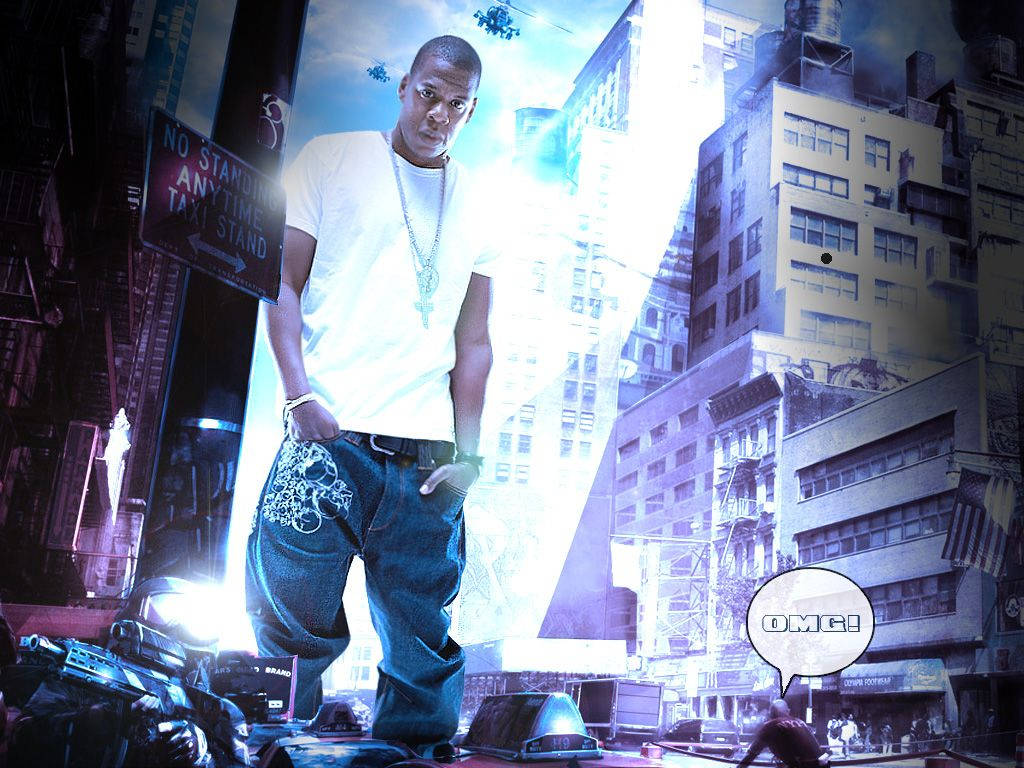 巨型Jay-Z 壁紙 — 一個穿著白色T恤和牛仔褲的男人自信地站在一條霓虹燈照亮、發出藍光的城市街道上，並有一個寫著OMG！的對話氣泡。