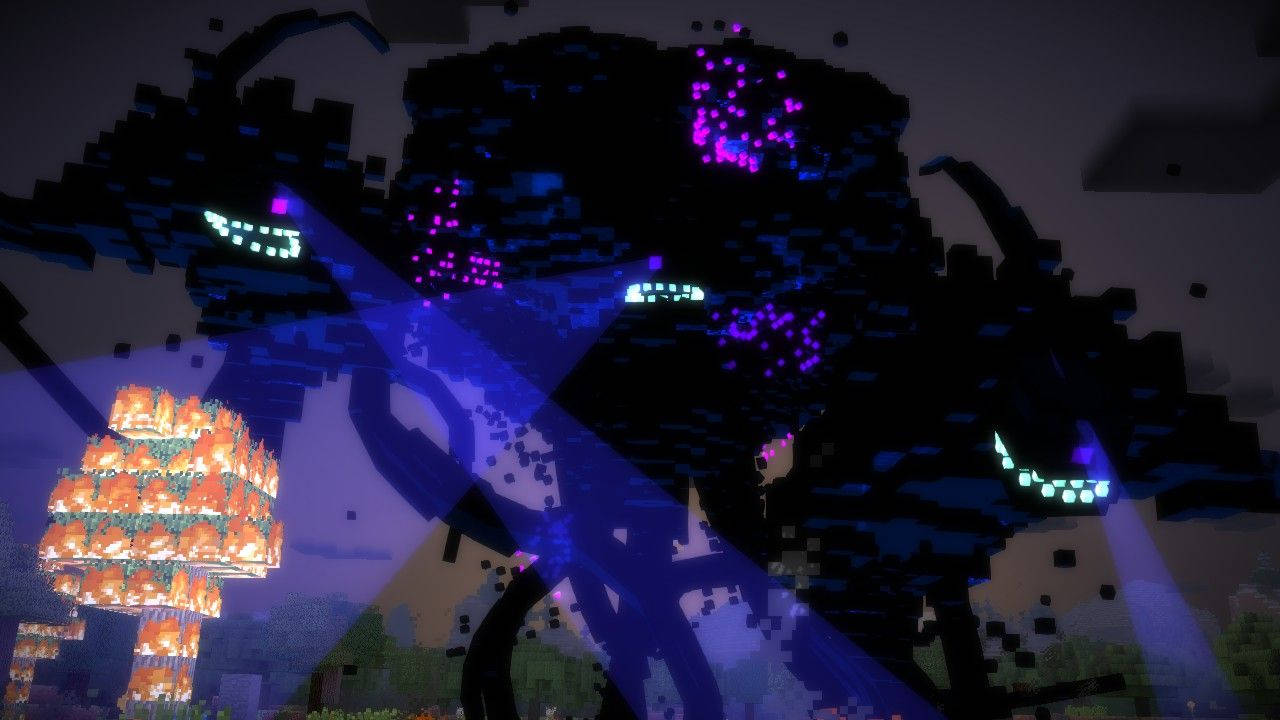 巨型Wither風暴 壁紙 — 一個像素化的Minecraft場景，在黑暗的天空下有發光的紫色和橙色結構。