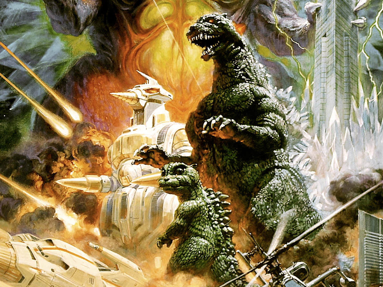 Gigan 桌布 壁紙 — 巨型哥斯拉和一隻較小的怪獸在爆炸的城市摩天大樓和飛彈中戰鬥，天空如火般燃燒。