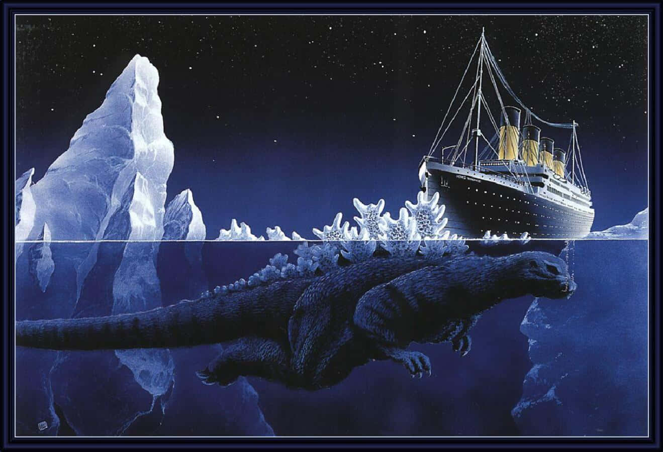 Godzilla Earth 桌布 壁紙 — 巨型哥斯拉在冰冷的海水下游泳，鐵達尼號在上方航行，周圍是星空下高聳的冰山。