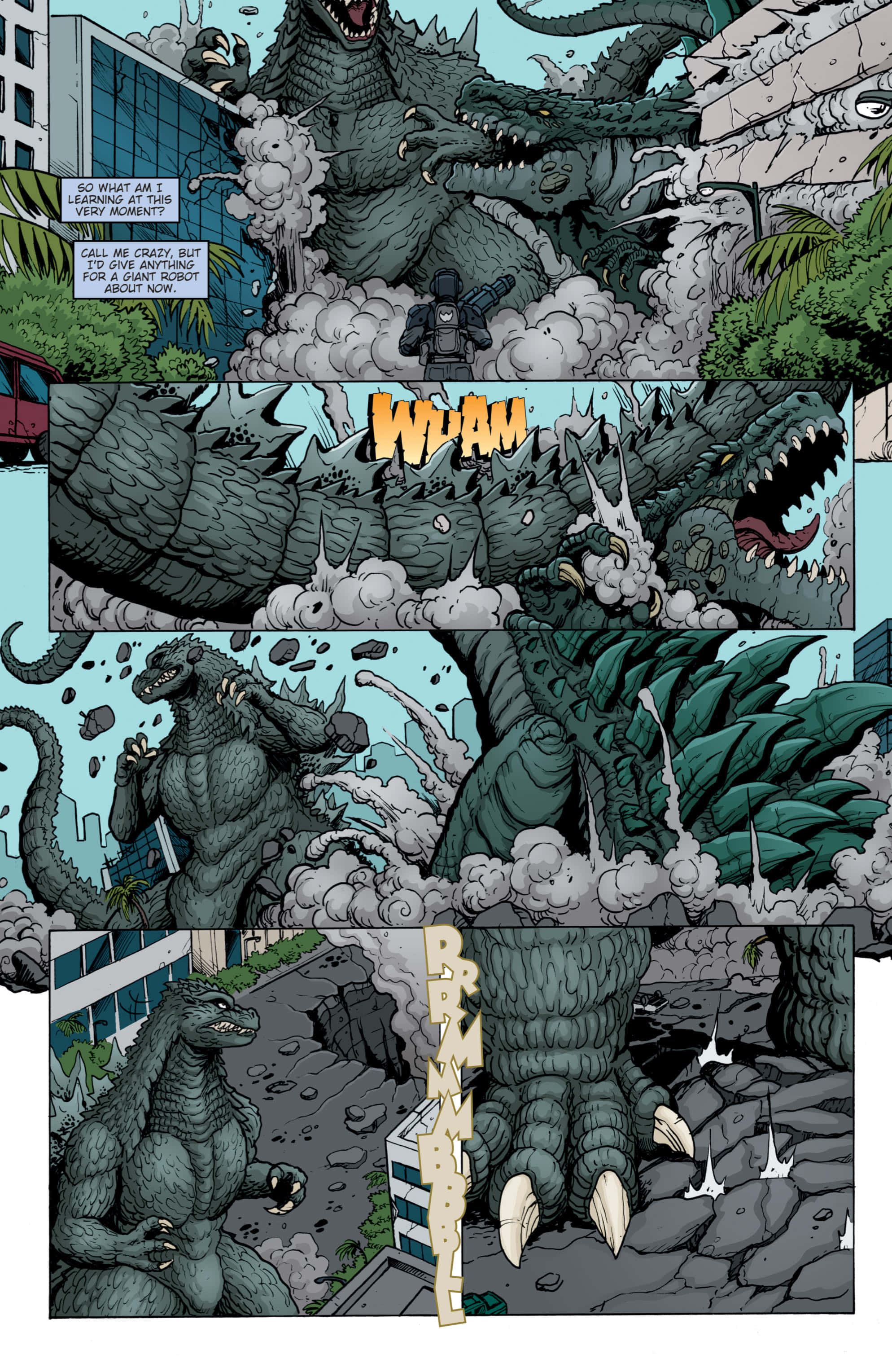 Godzilla Earth 桌布 壁紙 — 巨型哥斯拉在漫畫格中踩過城市景觀，伴隨著爆炸和飛揚的碎片。