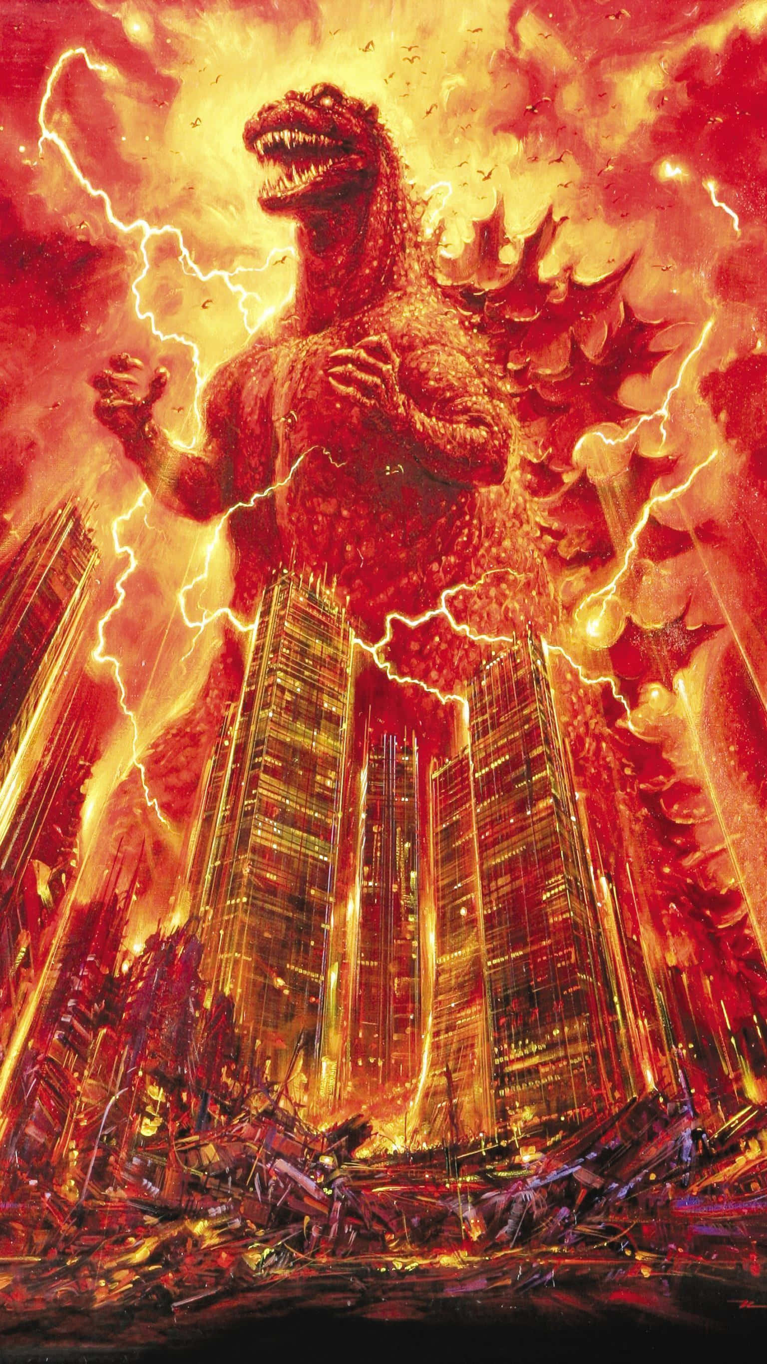 Burning Godzilla 桌布 壁紙 — 巨型哥斯拉在烈火熊熊的城市末日中咆哮，閃電在其高聳的身軀周圍劈啪作響。