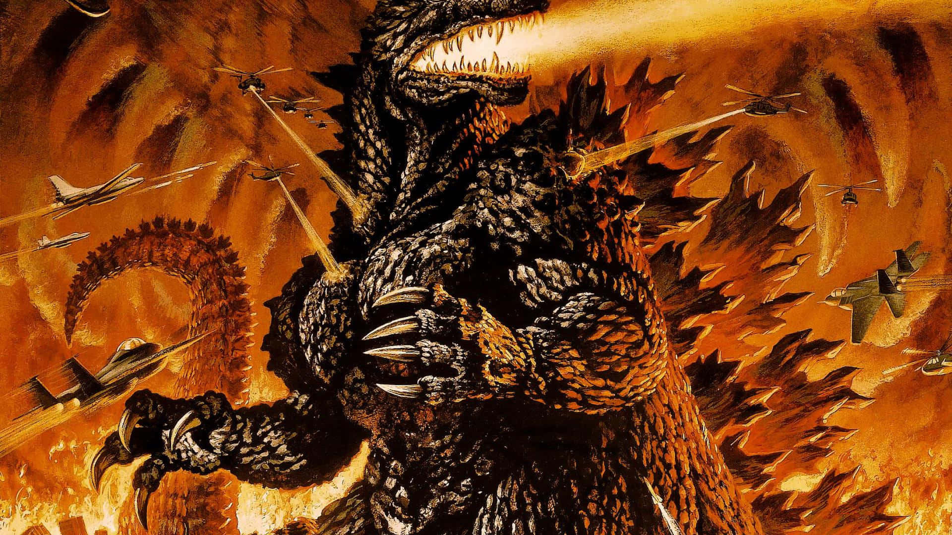 Godzilla 2014 桌布 壁紙 — 巨型哥斯拉在熾熱的橙色天空中咆哮，戰鬥機在他周圍蜂擁而至，形成混亂的戰鬥場景。
