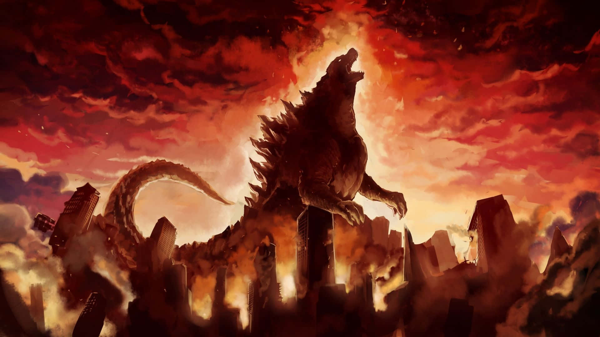 Godzilla 2014 桌布 壁紙 — 巨型哥斯拉在燃燒的城市天際線上咆哮，天空呈現火紅橙色。