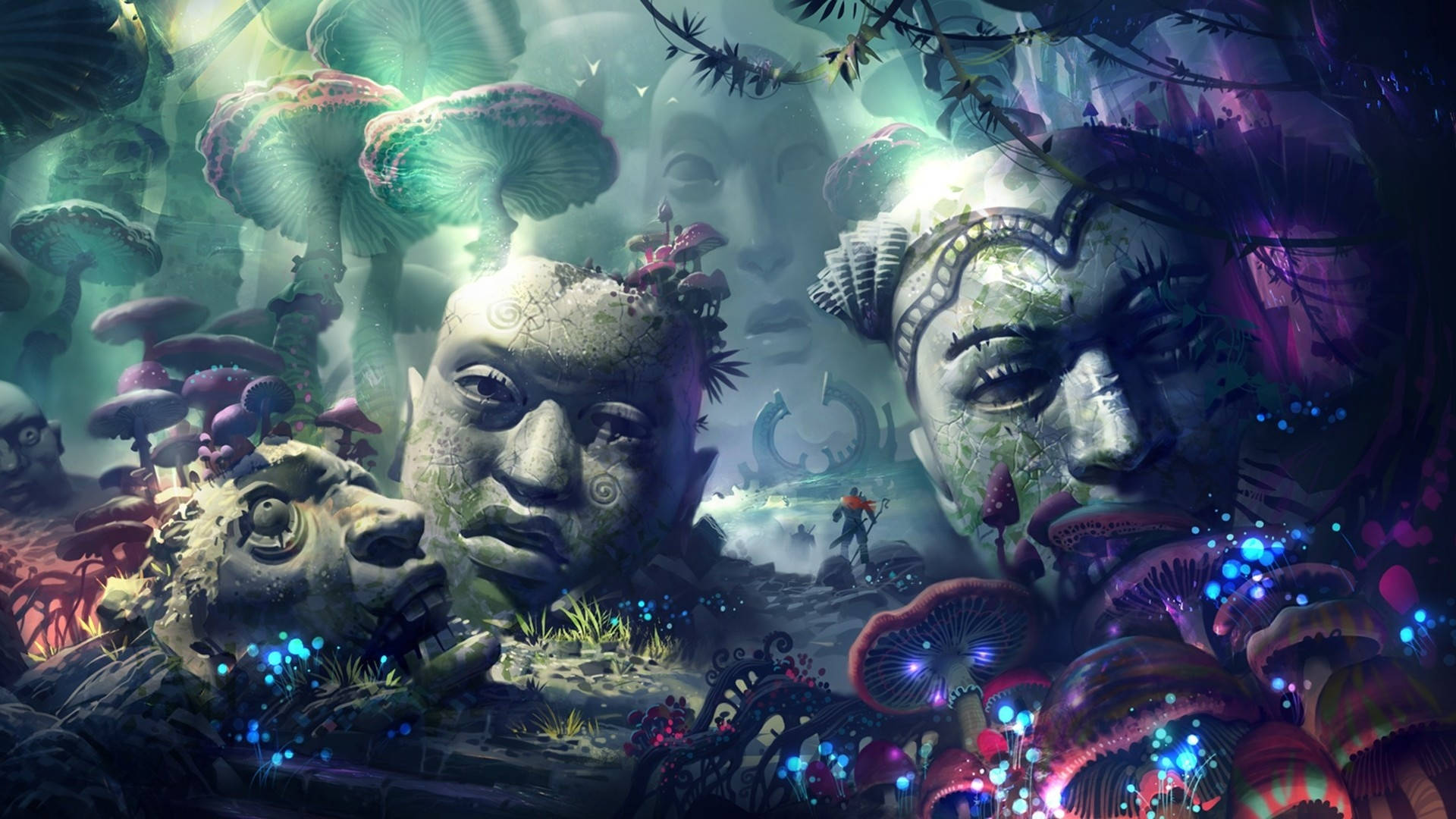 巨型奇幻雕塑 壁紙 — 巨大的長滿苔蘚的石頭面孔從一個充滿發光蘑菇和生物發光植物的神秘森林中浮現。