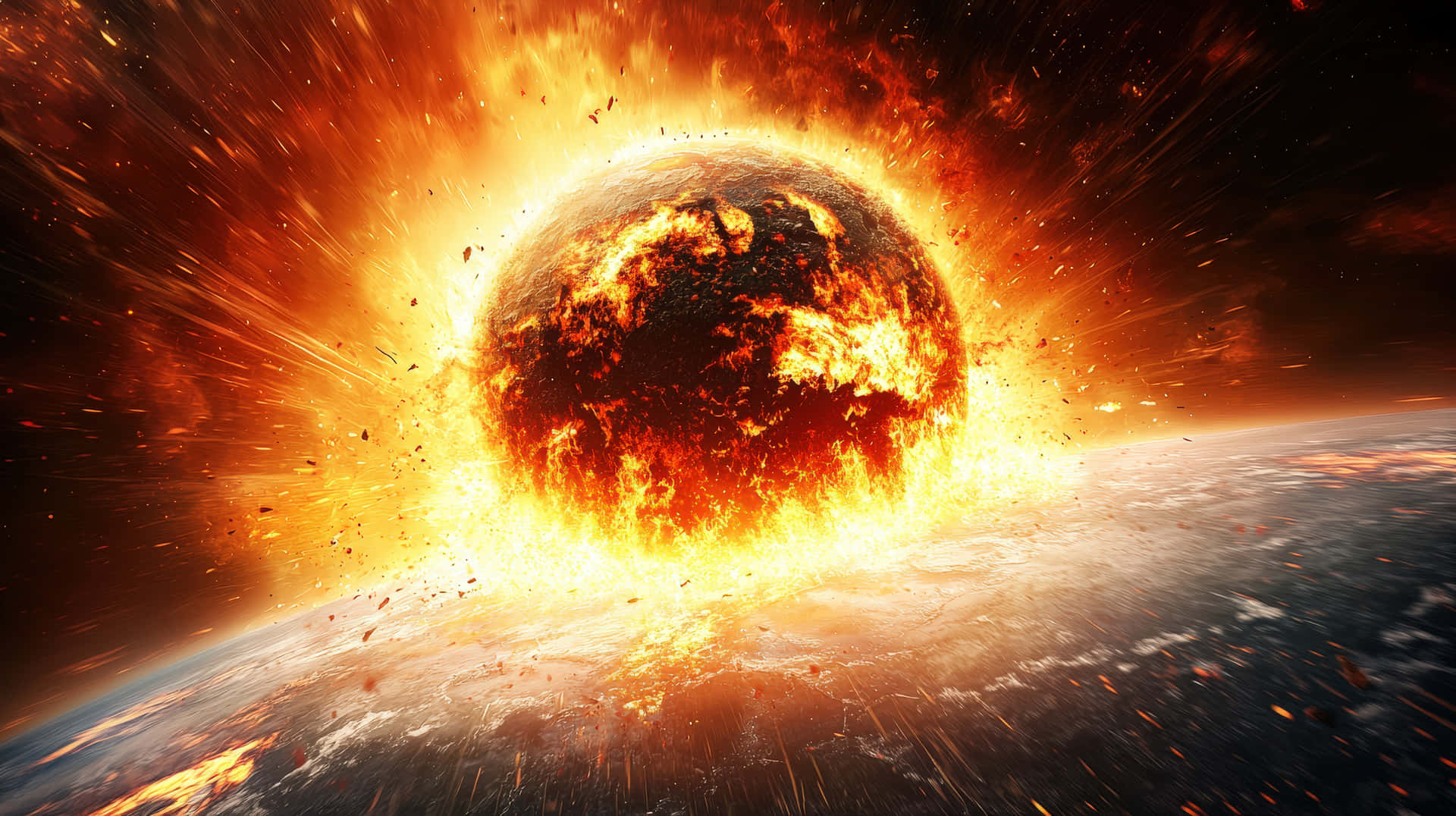 一顆行星在太空中爆炸，爆發出橙色和黃色的火焰，碎片向外飛散。