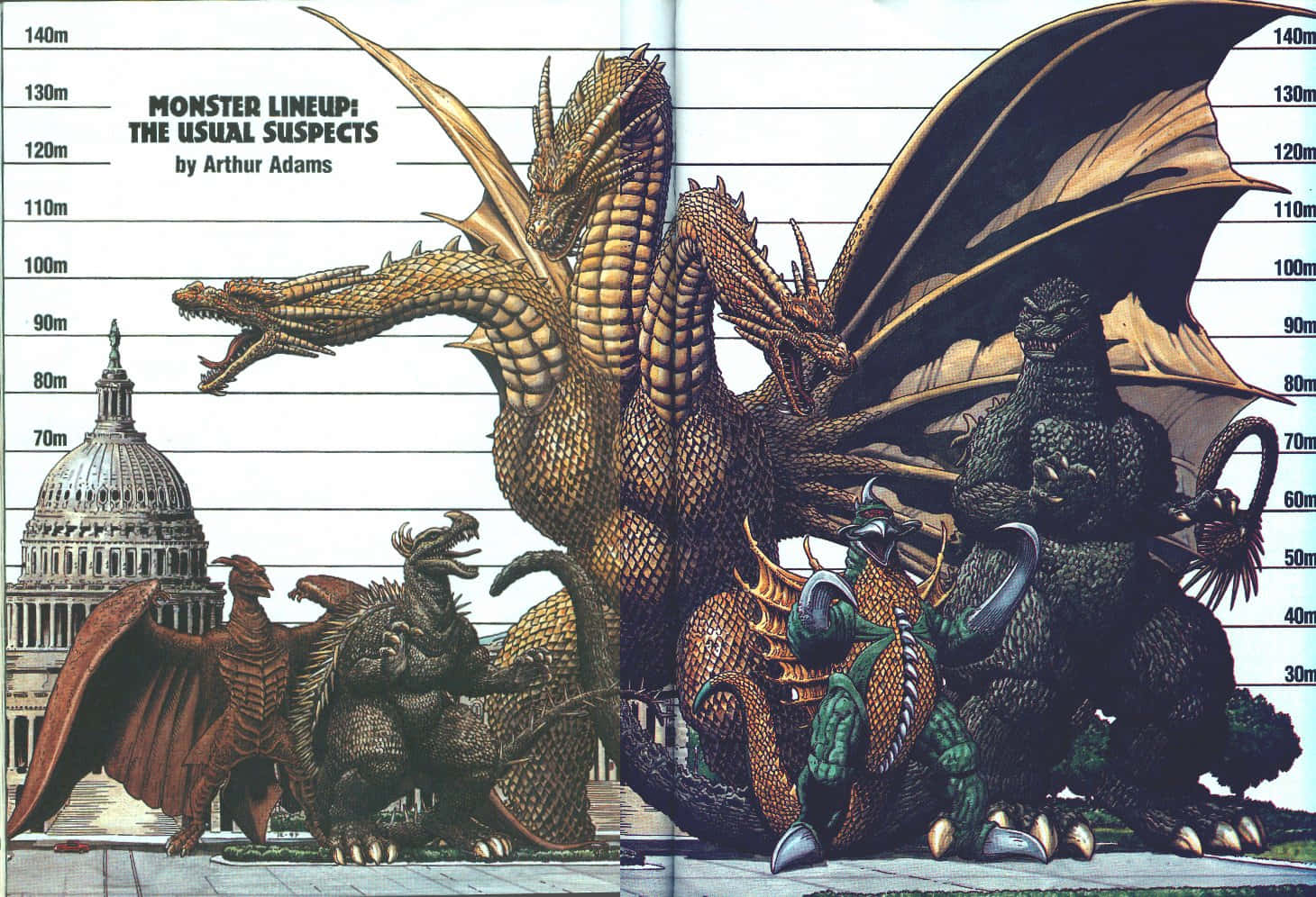 godzilla 1998 桌布 壁紙 — 巨型怪物（包括哥斯拉和龍）的插圖陣容，根據美國國會大廈旁邊的高度圖進行縮放。