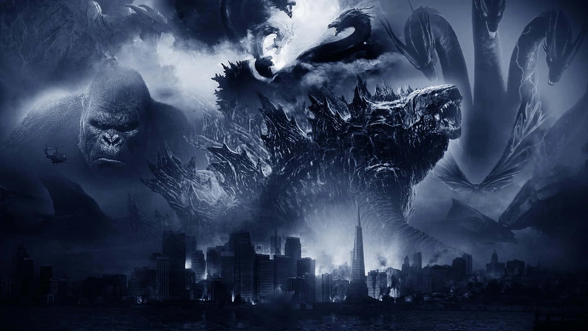 Monsterverse 桌布 壁紙 — 巨型怪物哥斯拉、金剛和摩斯拉在暴風雨的天空下，於黑暗的城市天際線上戰鬥。