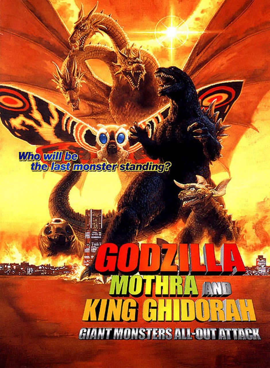 mothra 桌布 壁紙 — 巨型怪獸哥斯拉、摩斯拉和王者基多拉在熾熱的夕陽天空下，於燃燒的城市上空交戰。