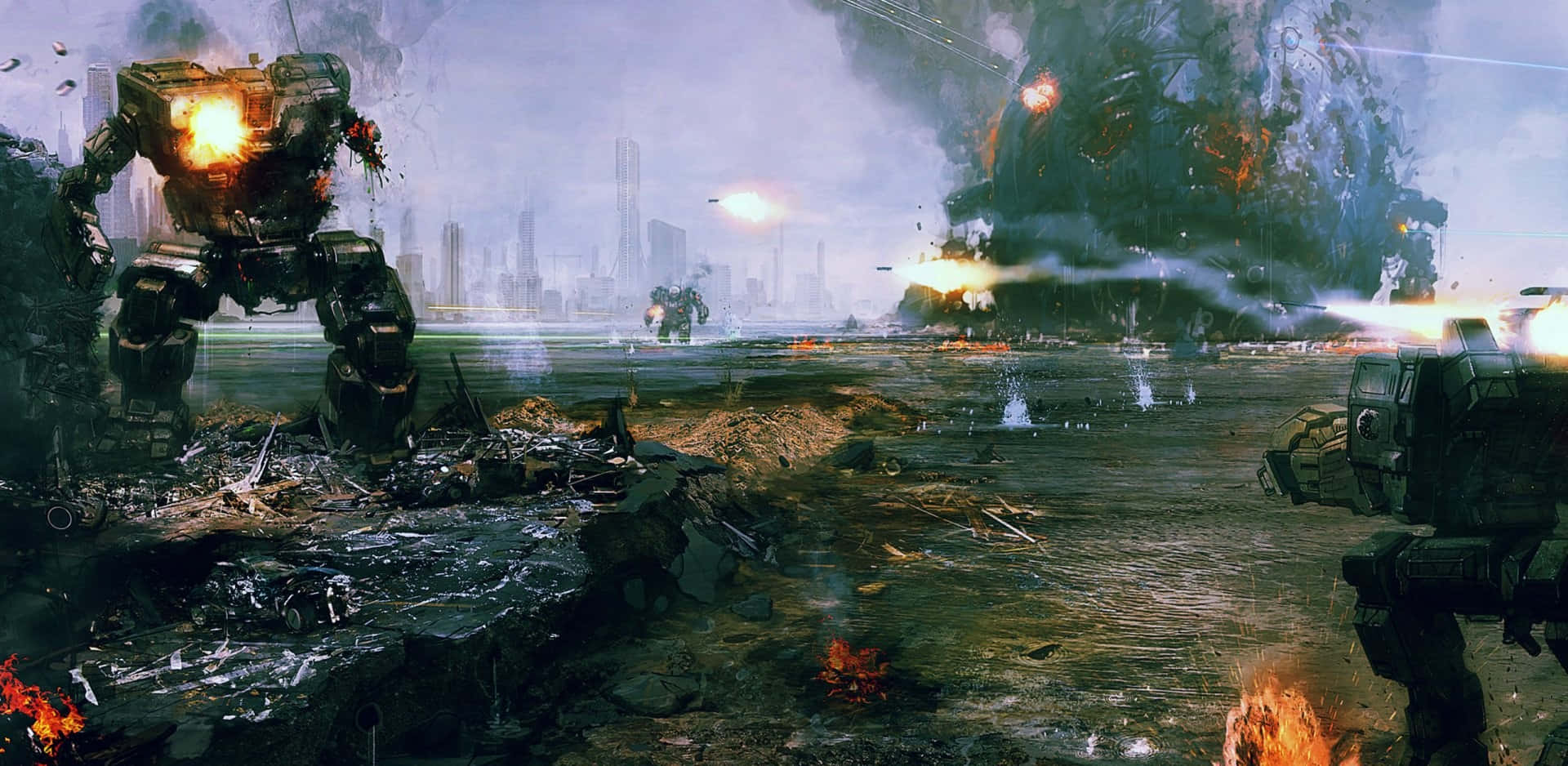 Battletech 桌布 壁紙 — 巨型戰爭機器在陰沉天空下，於廢墟城市景觀中戰鬥，伴隨著爆炸和煙霧。