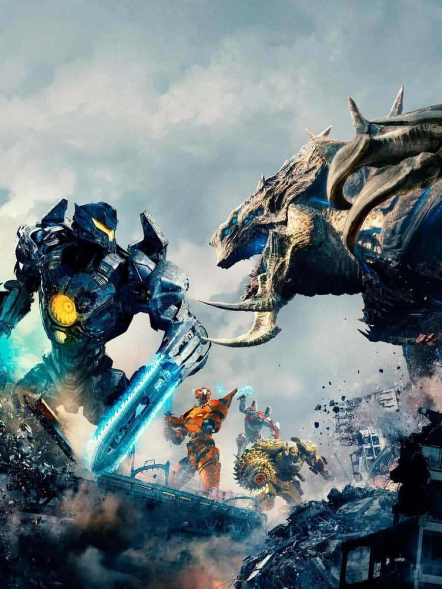 Kaiju 桌布 壁紙 — 巨型機械人在風暴天空下，於 crumbling 城市廢墟中與怪獸龍戰鬥。