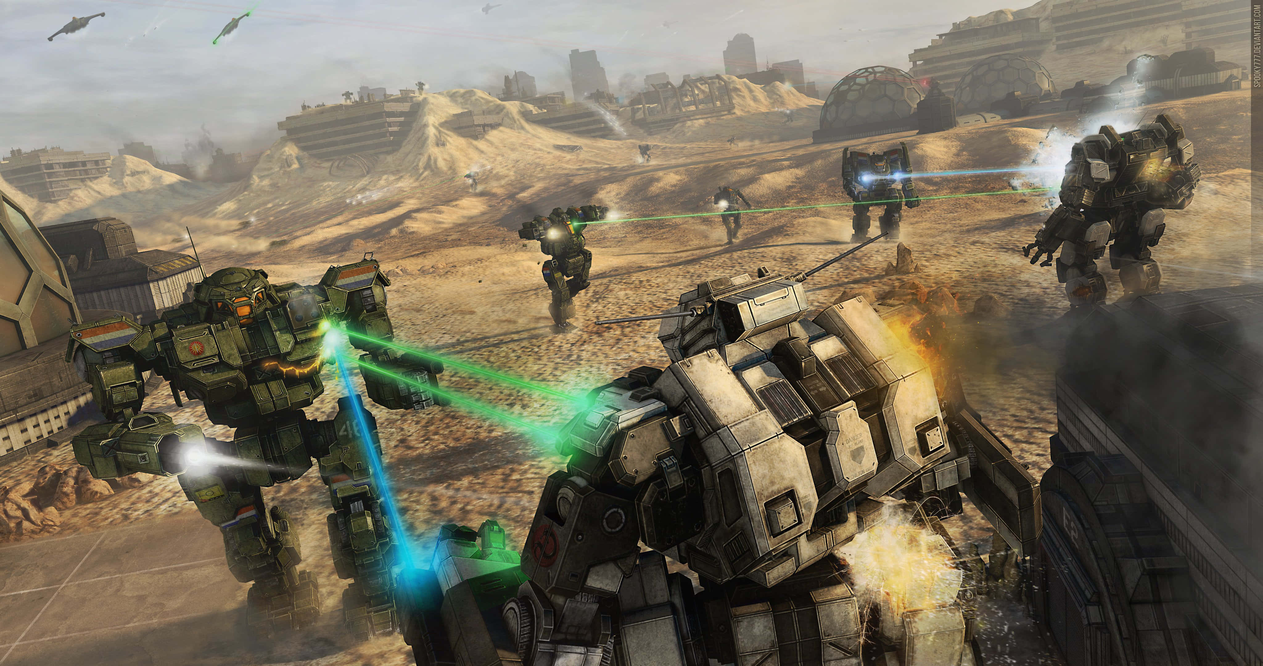 Battletech 桌布 壁紙 — 巨型機械化士兵在塵土飛揚的沙漠荒地中戰鬥，伴隨著激光爆炸。