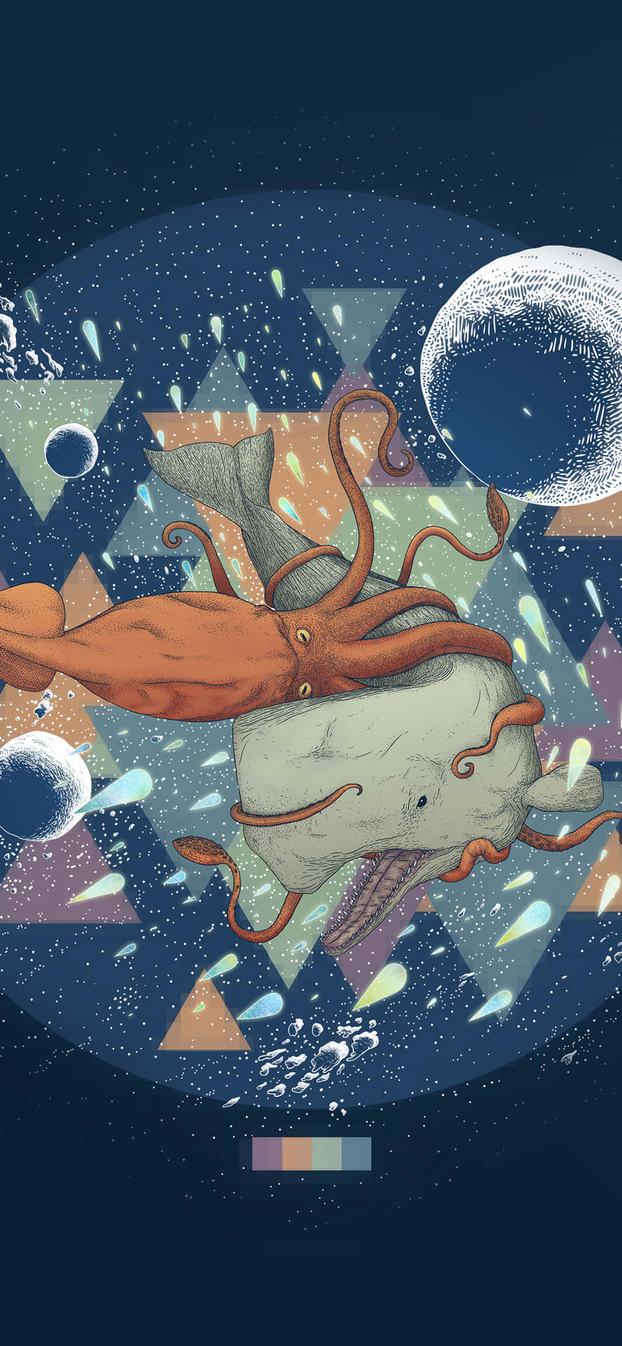 八爪魚騎著鯨魚穿越充滿幾何形狀和氣泡的宇宙空間。