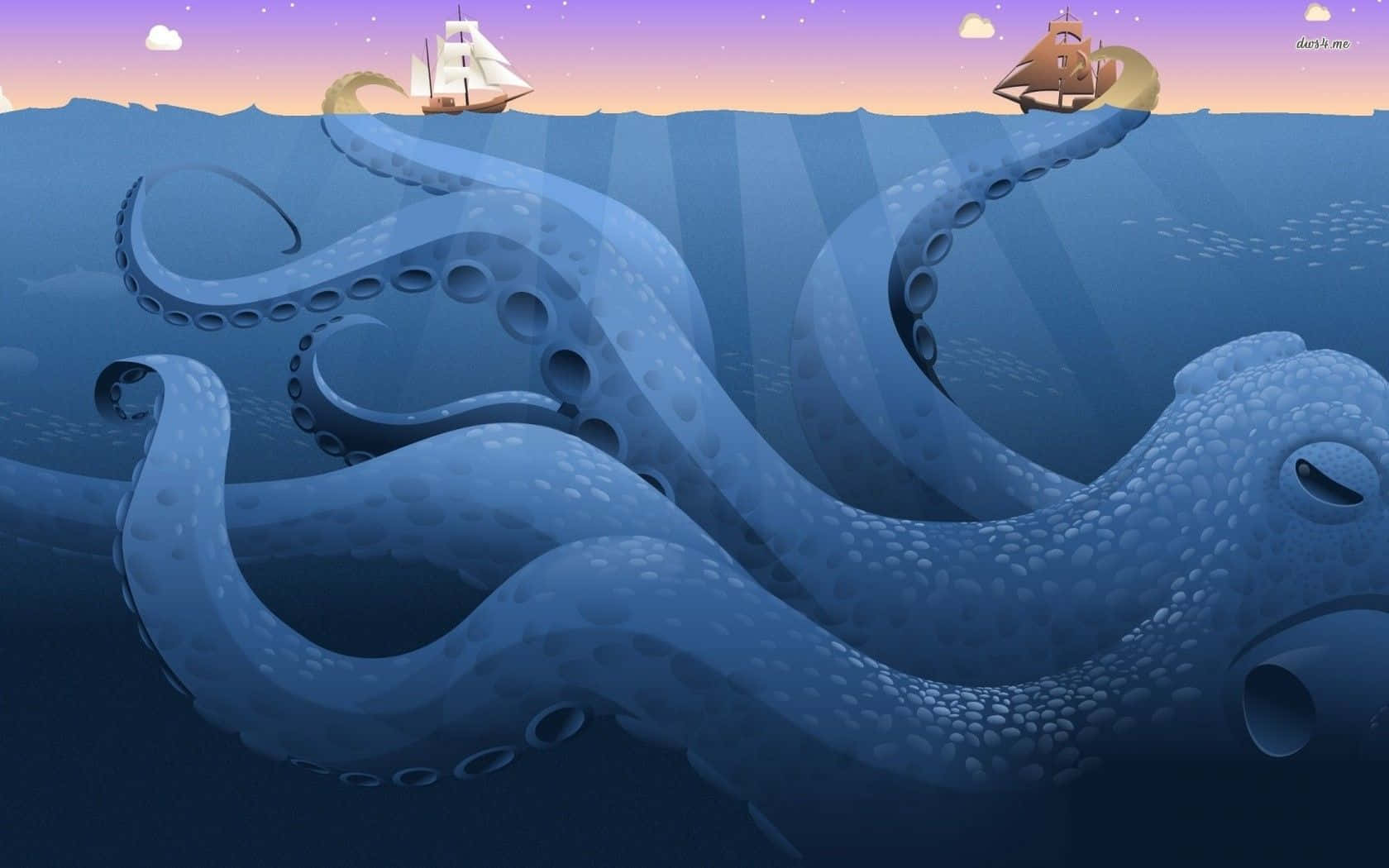 巨大章魚在暮色中從深海舉起船隻。