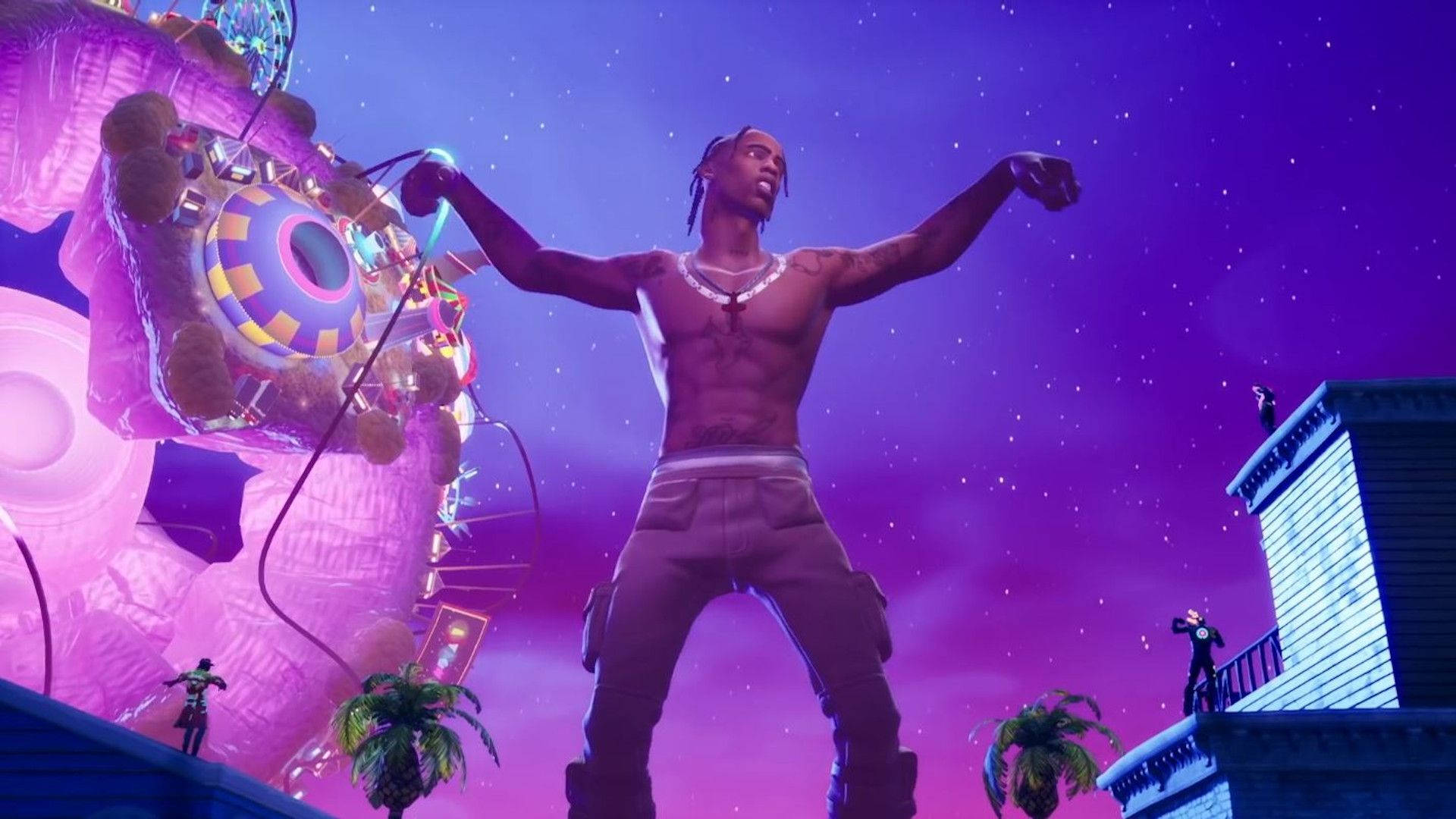 巨型特拉維斯·斯科特《Fortnite》皮膚角色 壁紙 — 一個肌肉發達、留著辮子的男人，在繁星點點的紫色天空下，勝利地站在建築物頂上，抱著一個巨大的發光泰迪熊。