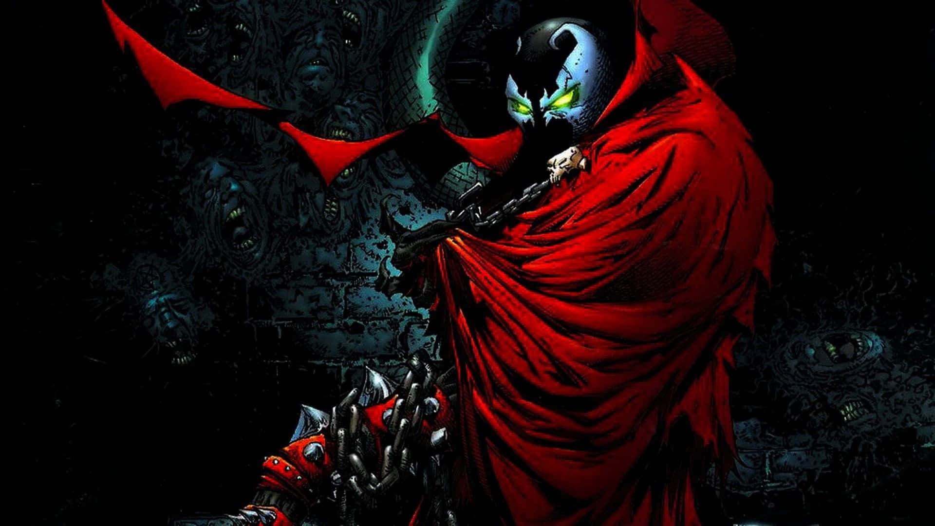一個身穿紅色斗篷、眼睛發出綠光的惡魔般人物，被怪誕面孔包圍。
