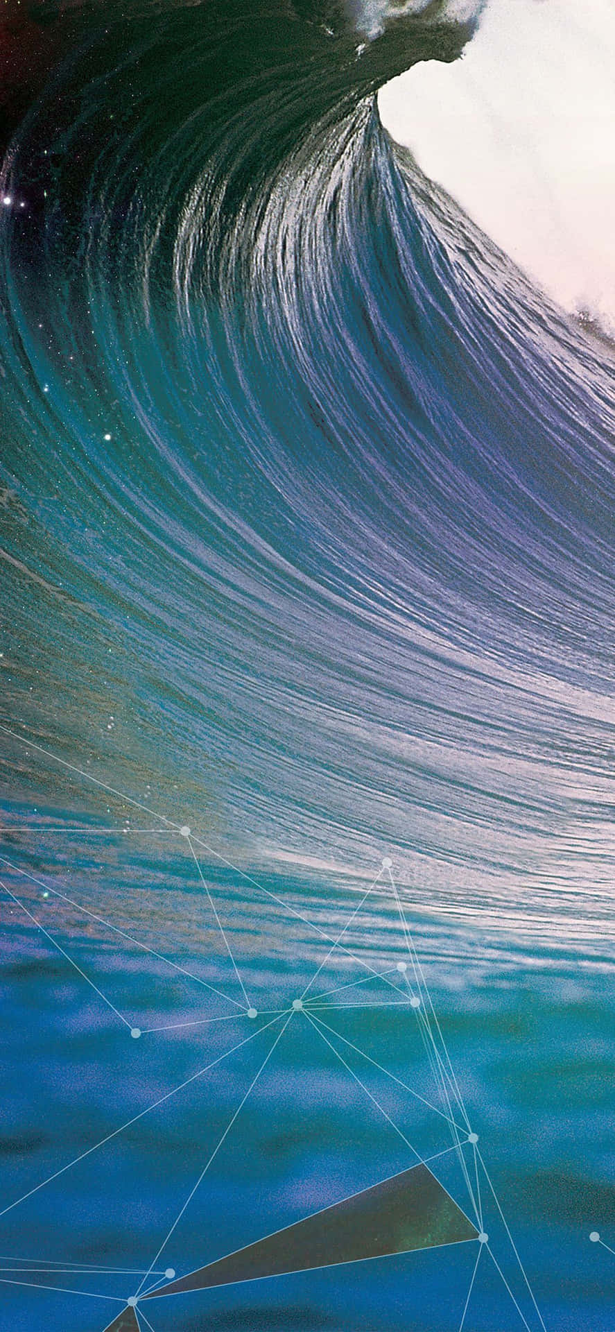 在星空下，巨大的海浪與發光的幾何線條形成隧道。