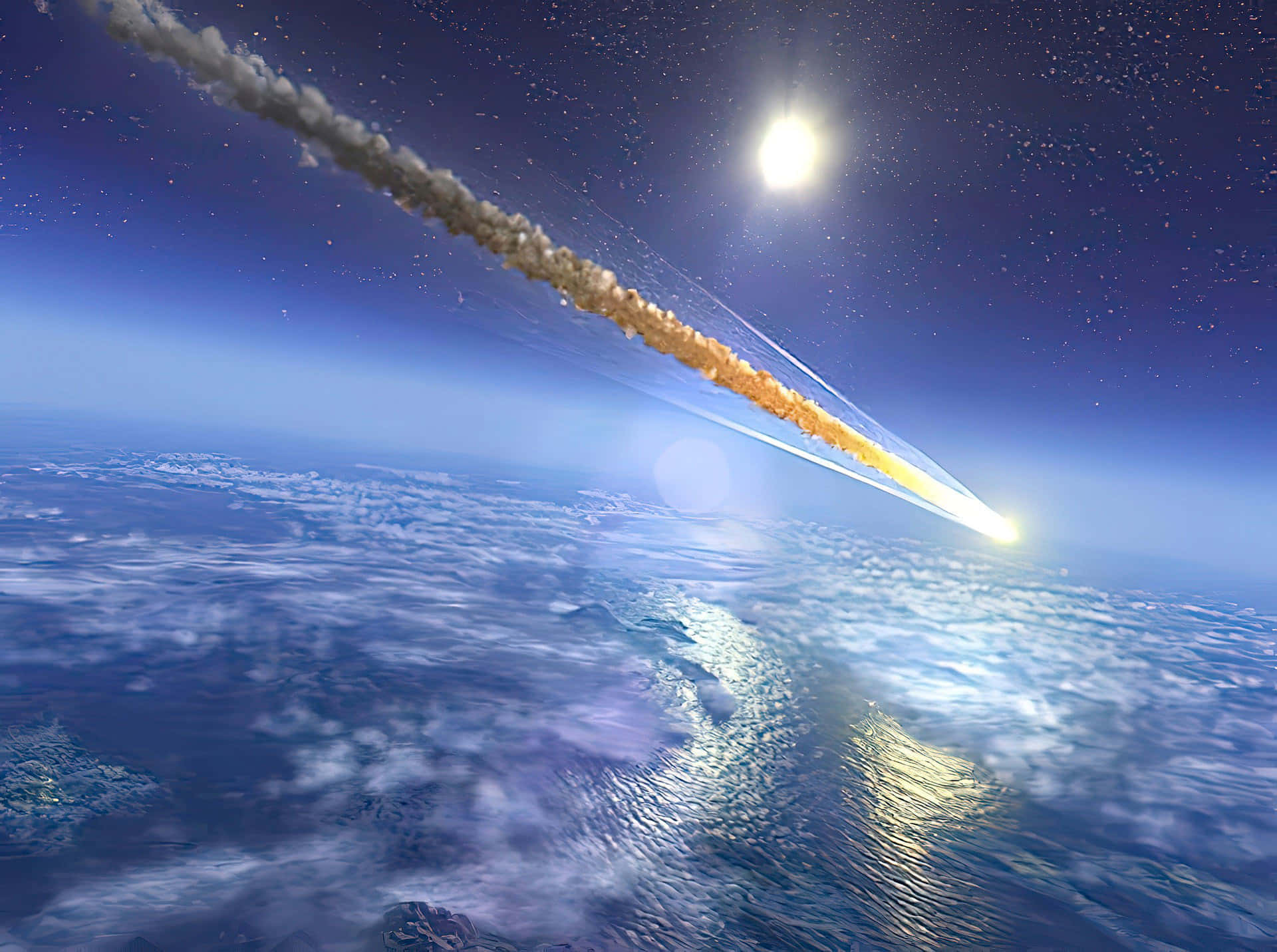 巨大流星劃過夜空 壁紙 — 一顆熾熱的流星劃過地球藍色海洋和雲層上方的星空，留下一條火紅的軌跡。