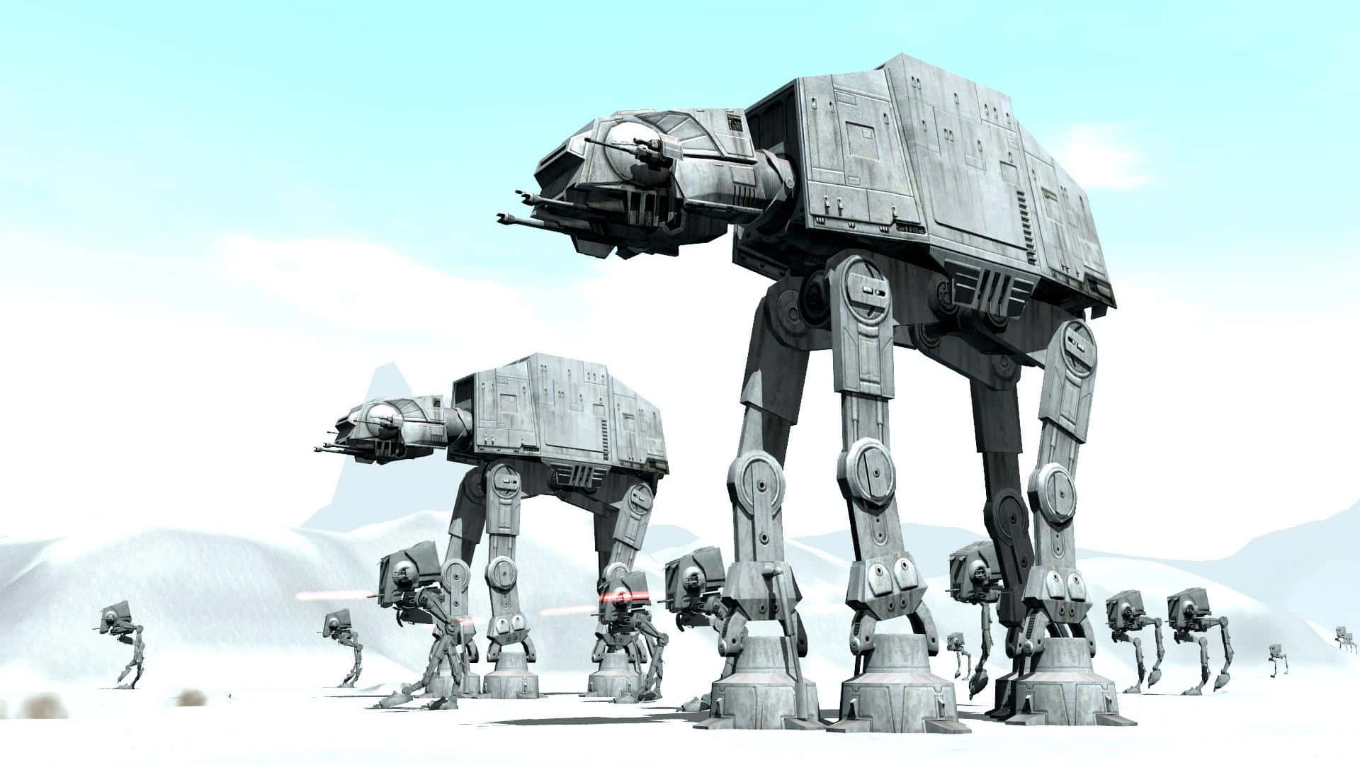 At-at 桌布 壁紙 — 巨大的AT-AT步行機在蒼白的天空下，與較小的機械人一起穿越雪地外星景觀。