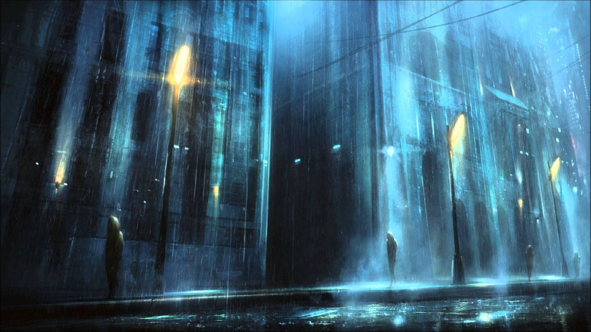 巨大的令人沮喪鏡子 壁紙 — 雨水沿著霓虹燈照亮的城市街道流下，孤獨的身影在發光的街燈下行走。
