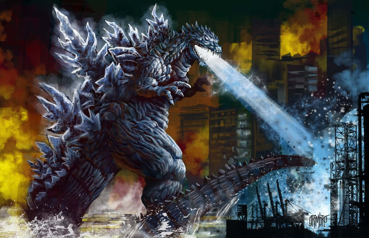 Godzilla Art 桌布 壁紙 — 巨大的冰霜哥斯拉在夜晚咆哮，向燃燒的城市景觀噴射原子火焰。