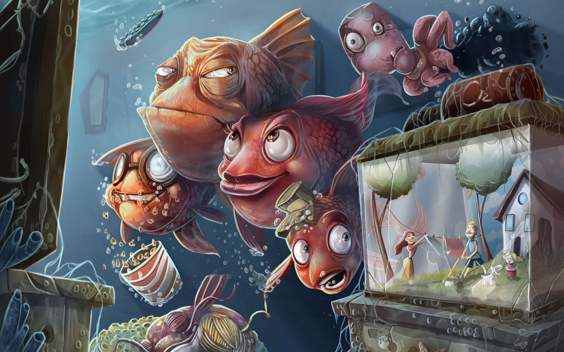 Cartoon Horror 桌布 壁紙 — 巨大的卡通魚，表情豐富，游過一個玻璃水族箱，裡面有一個微型田園村莊的水下場景。