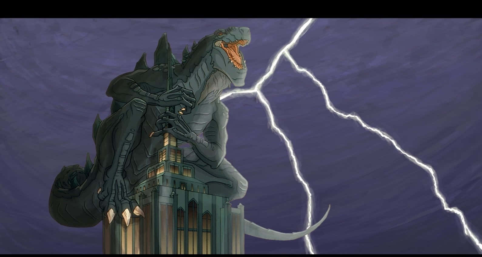 godzilla 1998 桌布 壁紙 — 巨大的哥斯拉在摩天大樓頂端咆哮，閃電劃破暴風雨中的紫色天空。