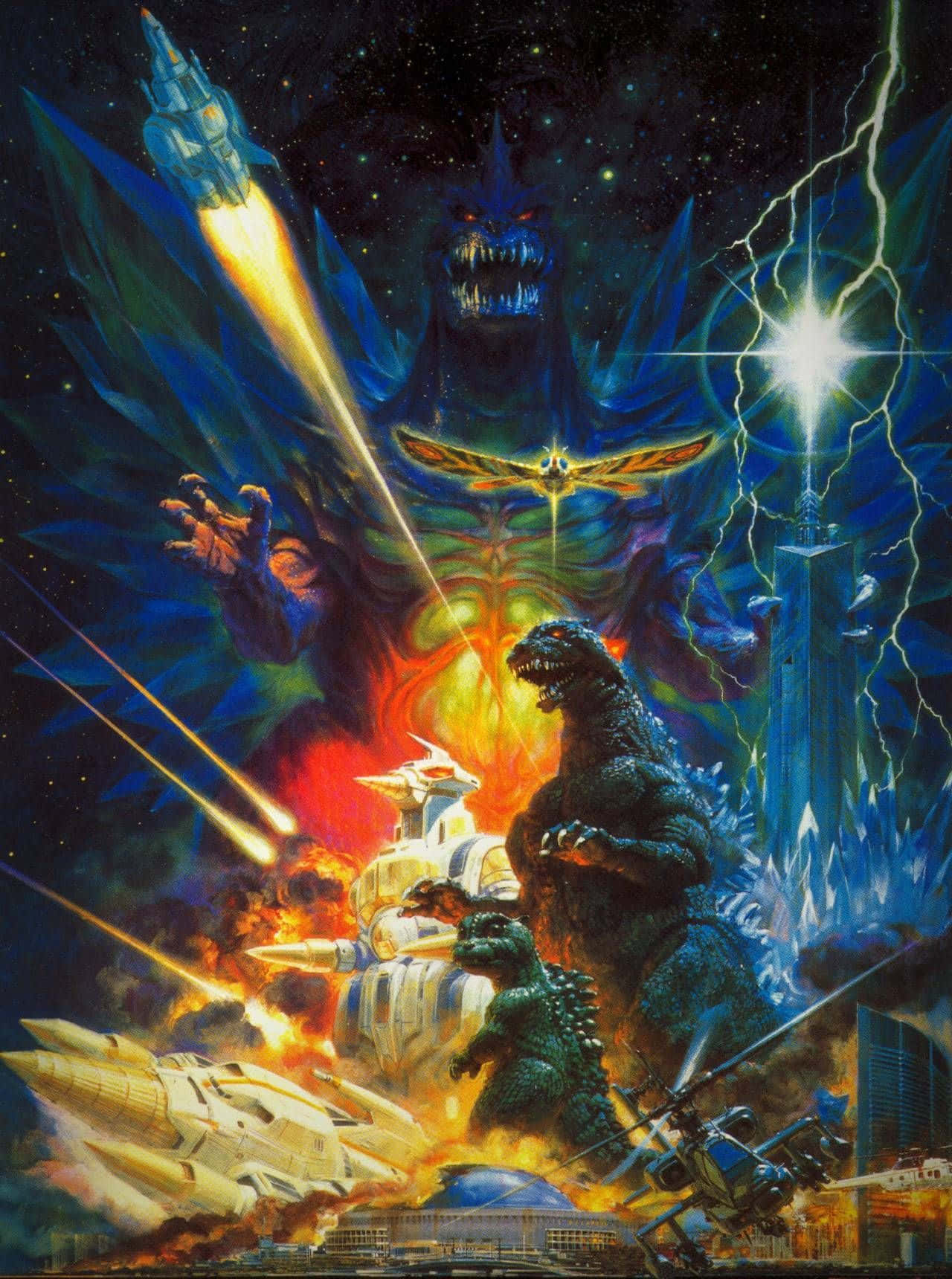 Classic Godzilla 桌布 壁紙 — 巨大的哥斯拉在星空下、閃電和飛行的太空船中，於燃燒的城市中與巨型怪物戰鬥。