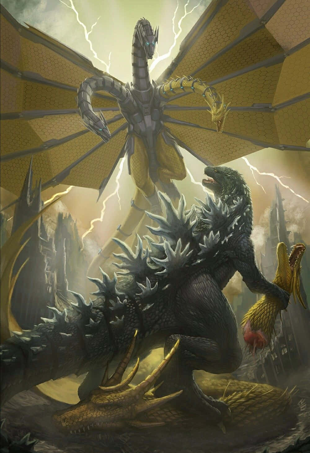 Monsterverse 桌布 壁紙 — 巨大的哥斯拉在暴風雨的城市景觀中與多頭有翼的怪獸戰鬥，閃電照亮了破壞。